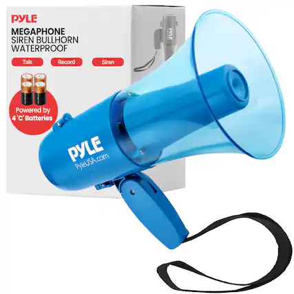 PYLE MEGAPHONE SIREN BULLHORN WATERPROOF AA
Talk Record Siren
Powered by 4 'C' Batteries
PYLE PyleUSA.com