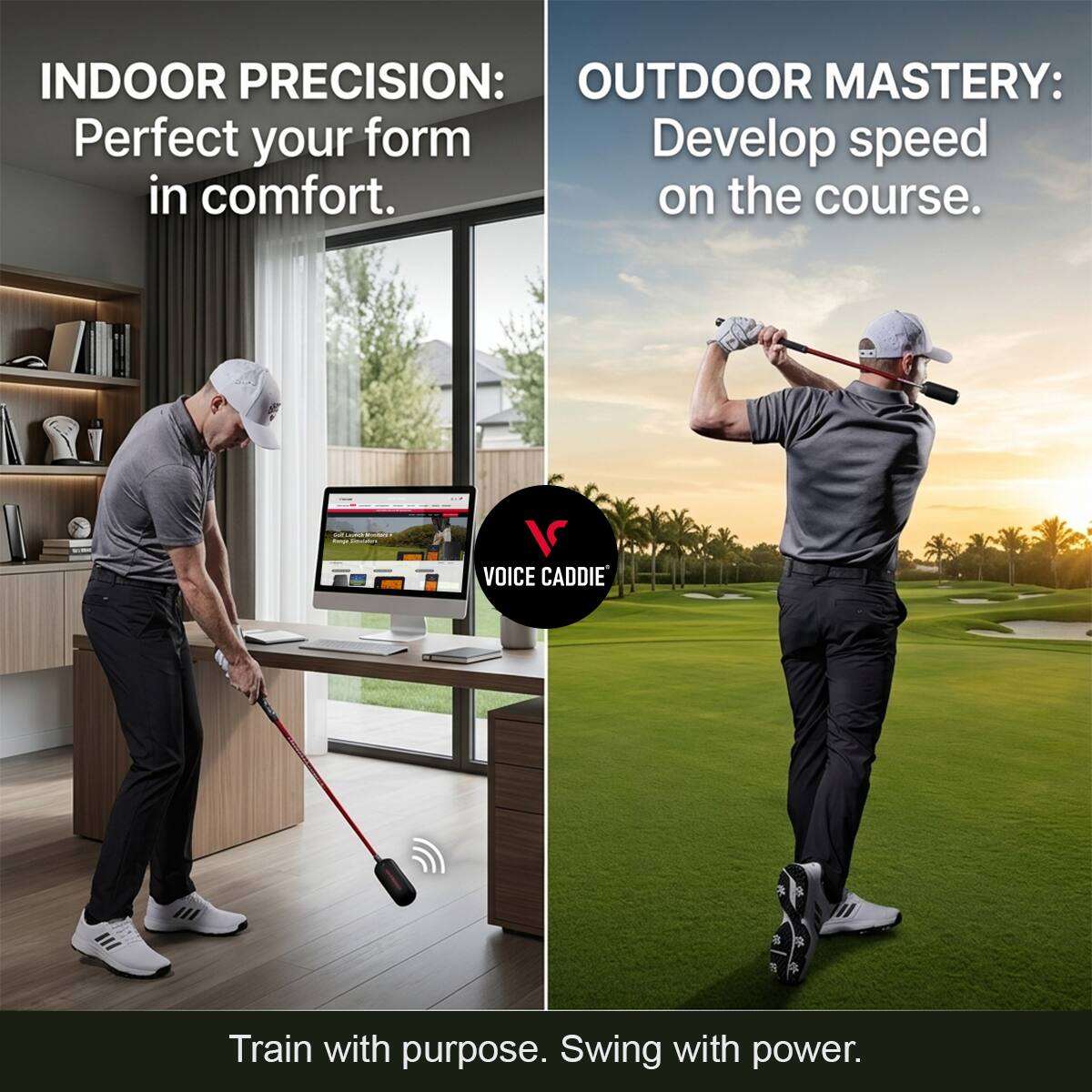 INDOOR PRECISION: Perfect your form in comfort.  
OUTDOOR MASTERY: Develop speed on the course.  
Train with purpose. Swing with power.