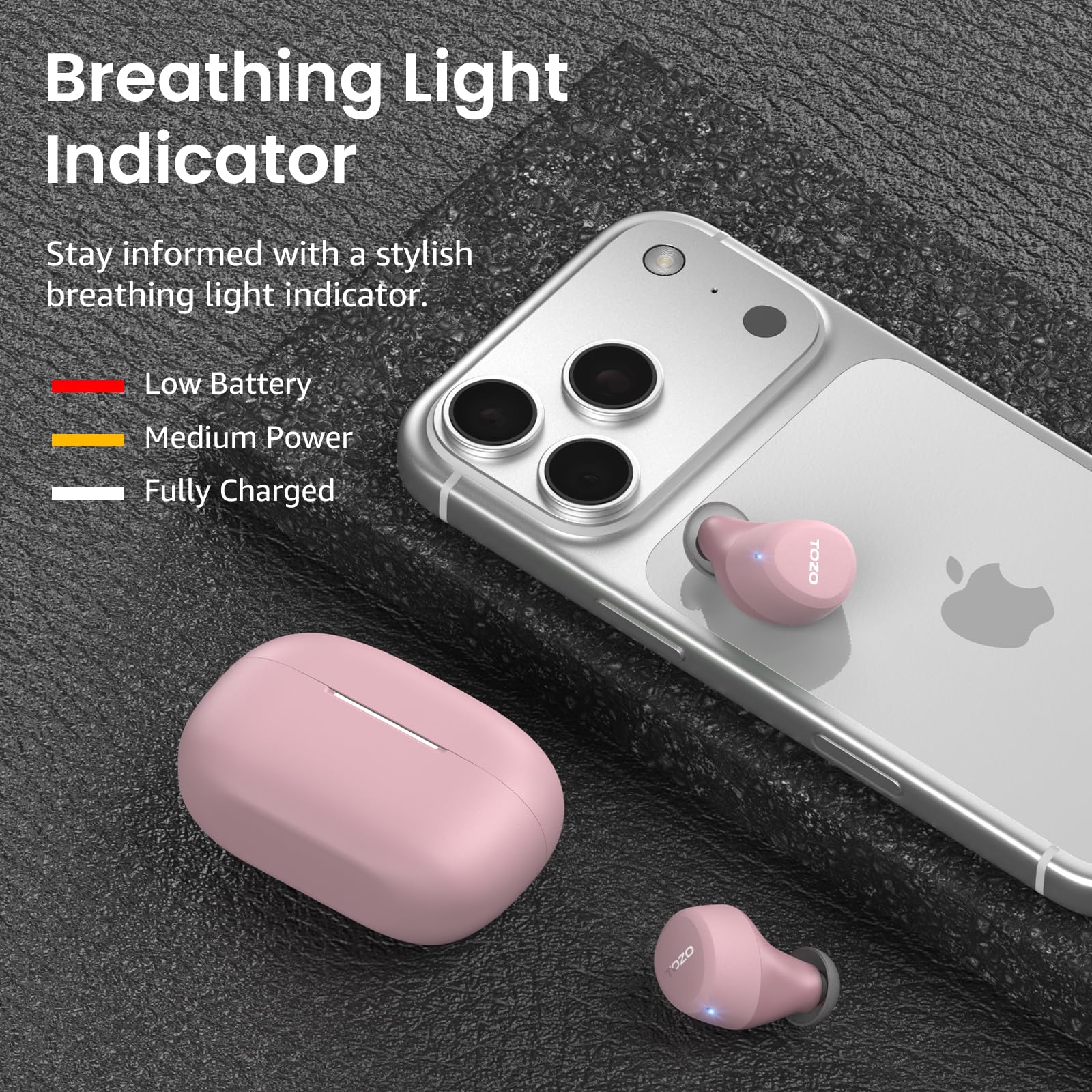 Breathing Light Indicator

Stay informed with a stylish breathing light indicator.

- Low Battery
- Medium Power
- Fully Charged

TOZO 2