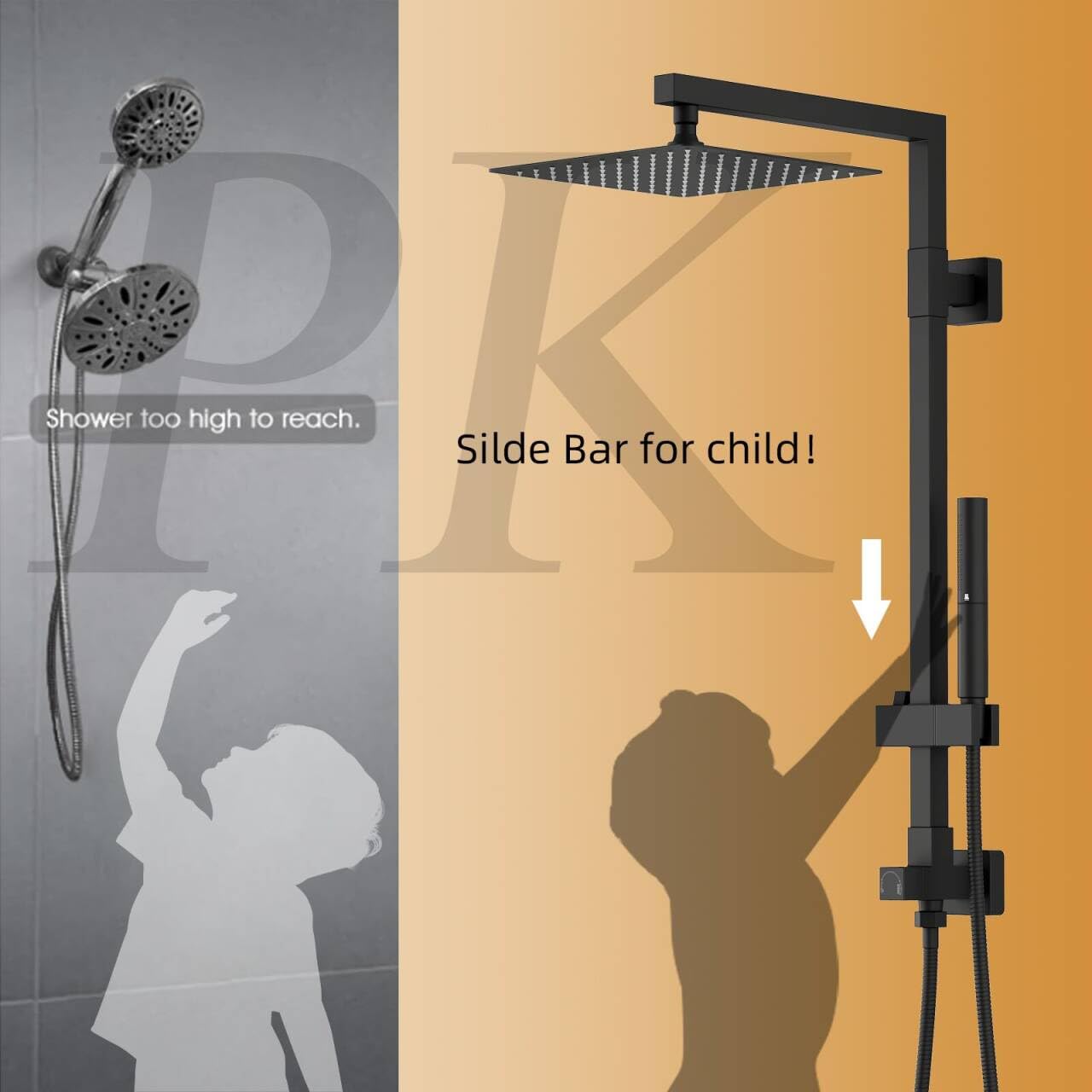 Shower too high to reach.  
Slide Bar for child!