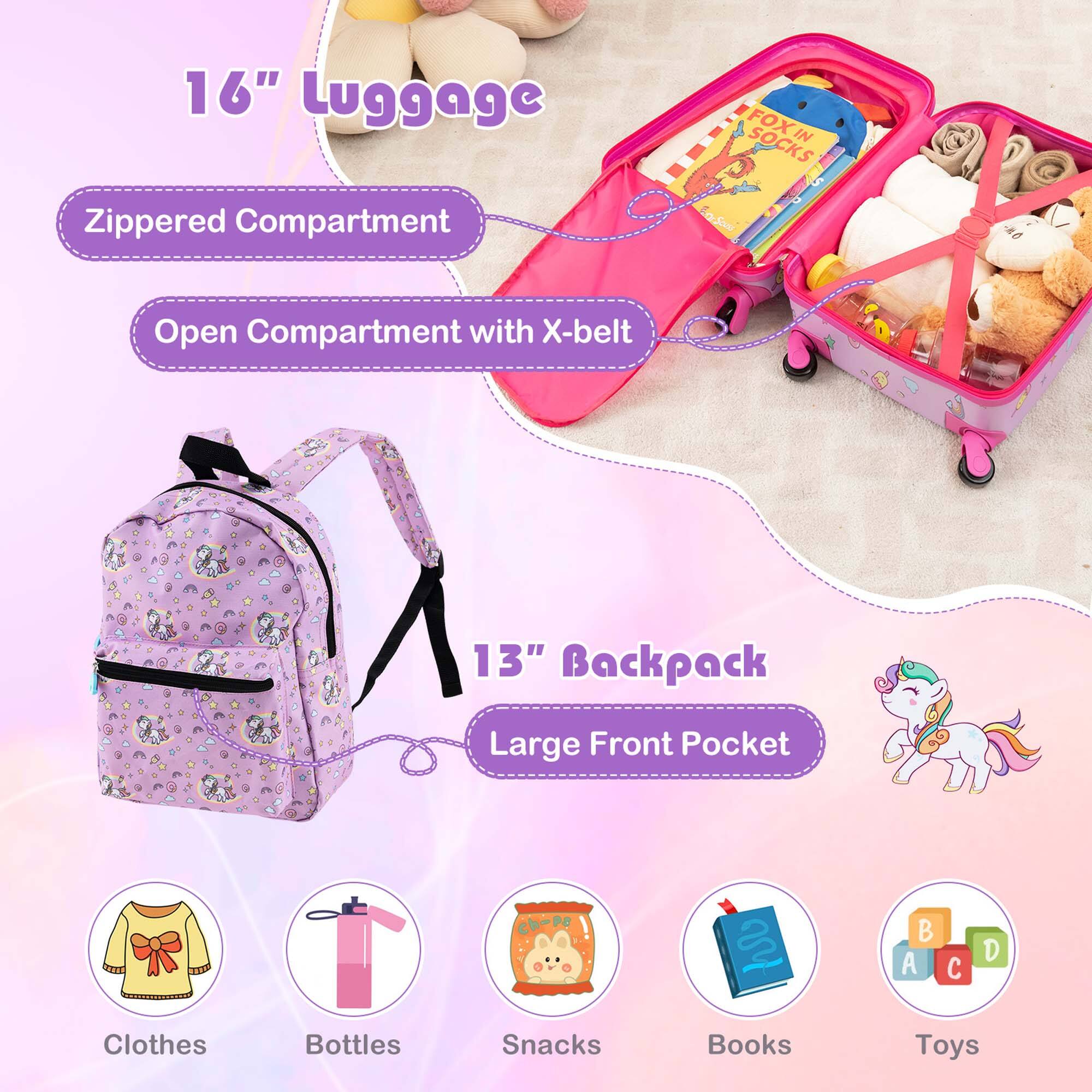 16" Luggage with Fox in Socks Zippered Compartment, Open Compartment with X-belt, 13" Backpack, Large Front Pocket.