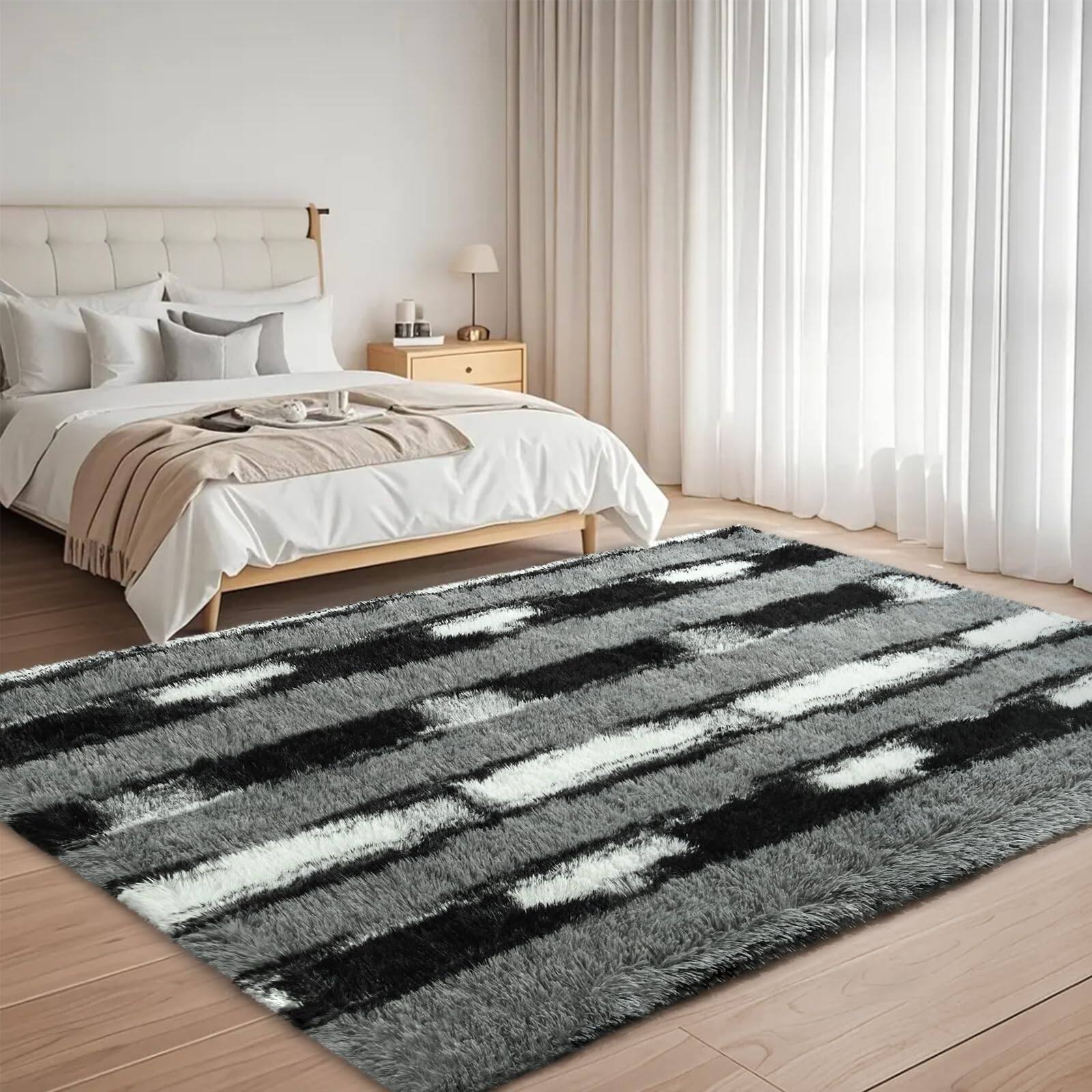 Left. Fabibe - Fluffy Area Rugs For Bedroom Living Room 4x6 Black And Grey Soft Plush Striped Rug... - D-black White-5' x 7' (Rectangular).