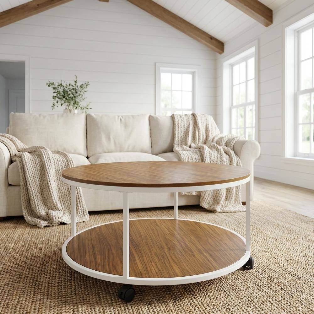 Back. FurniFact - Round White Coffee Table with Solid Wood Frame and Brown Laminate Top - White.