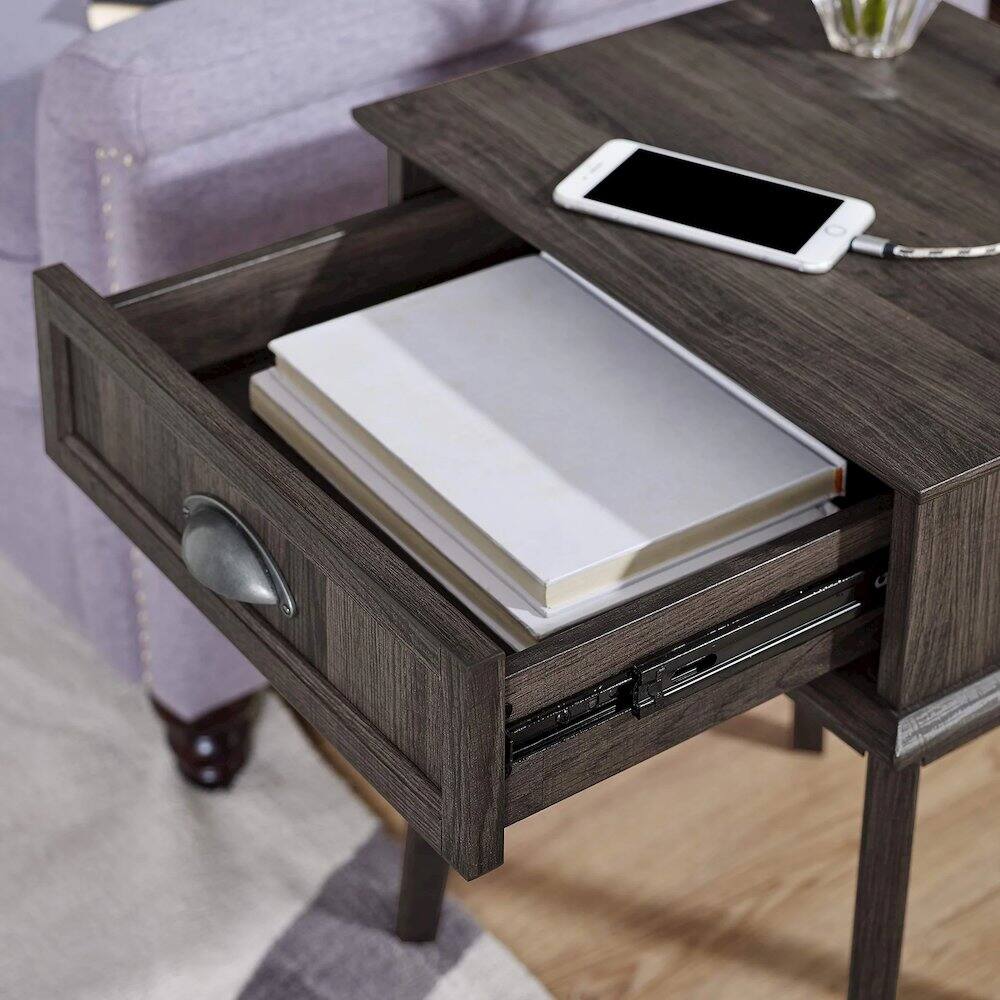 Alt View 1. Caffoz - Newport Series Tall End Side Table With Fully Extended Storage Drawer - Smoky Oak.
