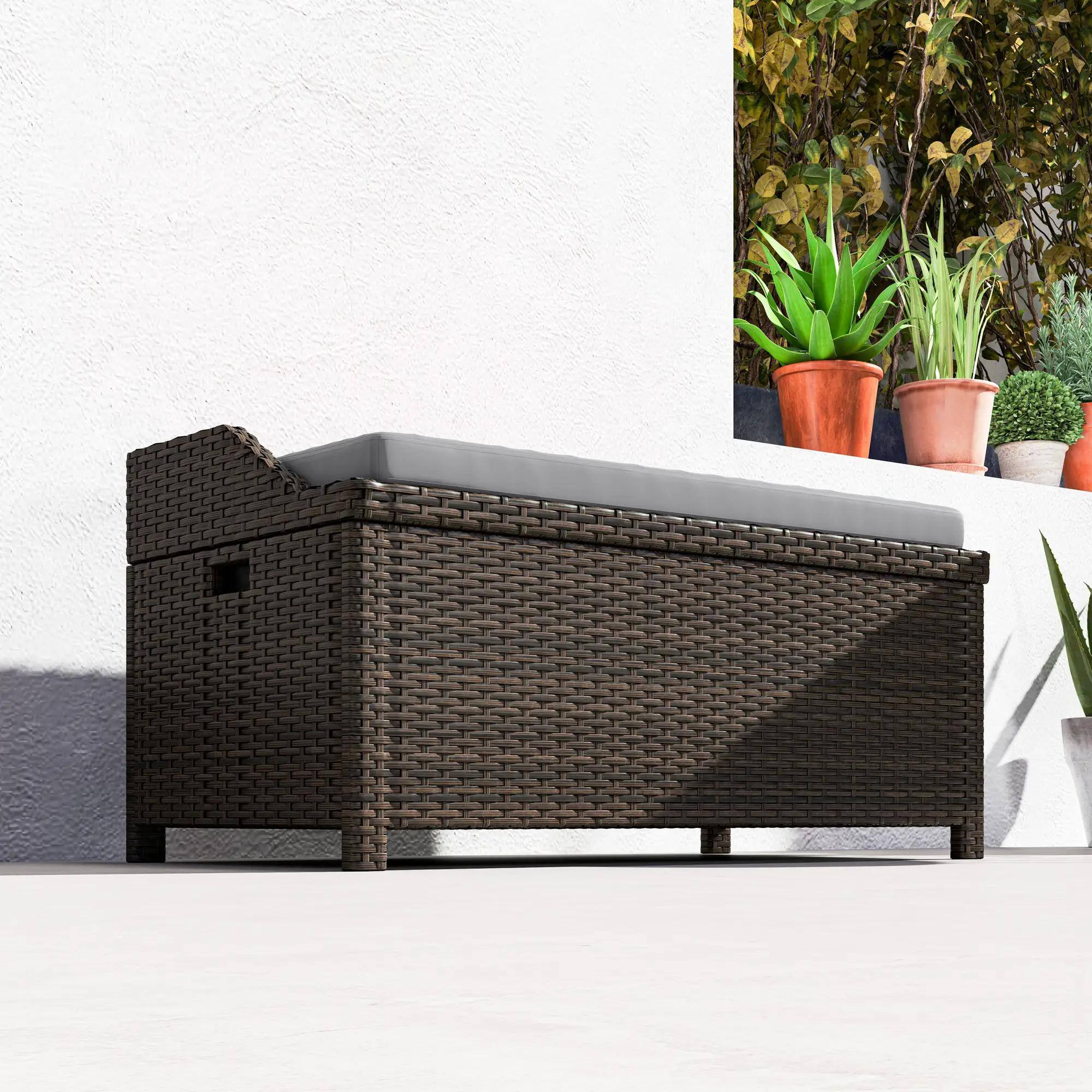 Back. Resenkos - Resenkos Wicker Bench with Storage & Cushion, Outdoor Seating, Storage Bench with Cushion for Patio Deck,Gray - Gray.