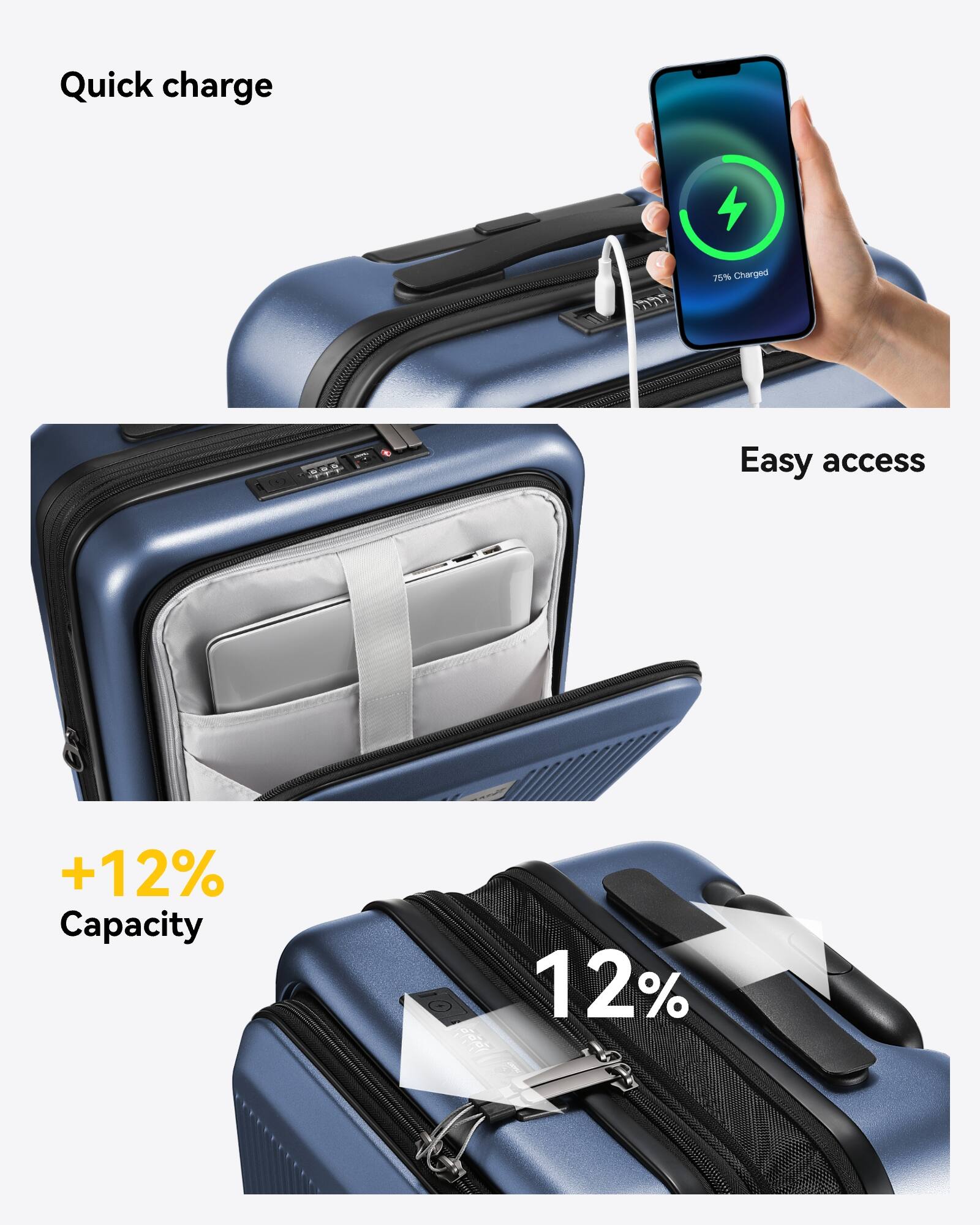 Quick charge  
75% Charged  

Easy access  

+12% Capacity  

12%