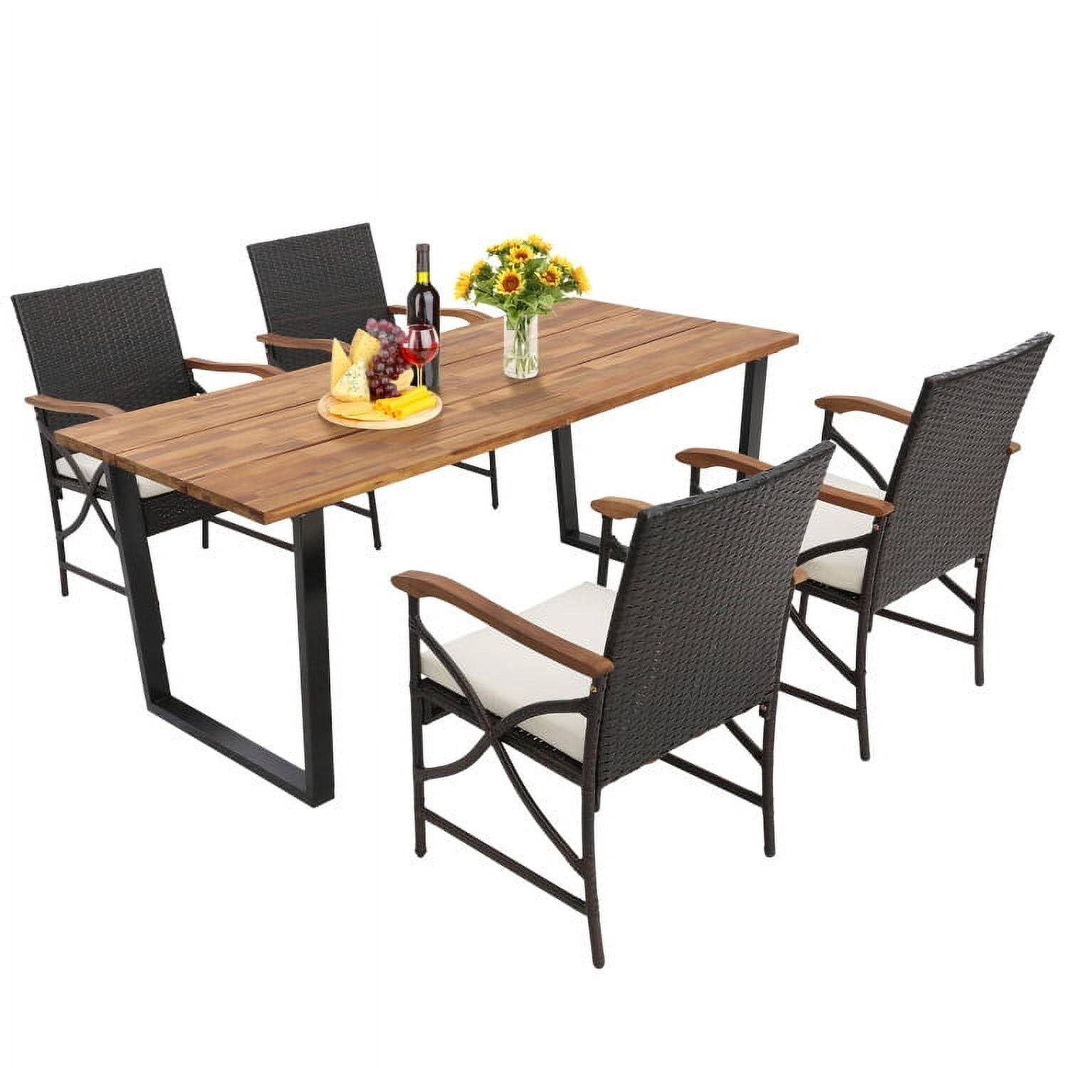 Alt View 3. Pefilos - 5 Pieces Patio Rattan Dining Set with Acacia Wood Tabletop and Armrests, Furniture Conversation Sets, Coffee Table - White.