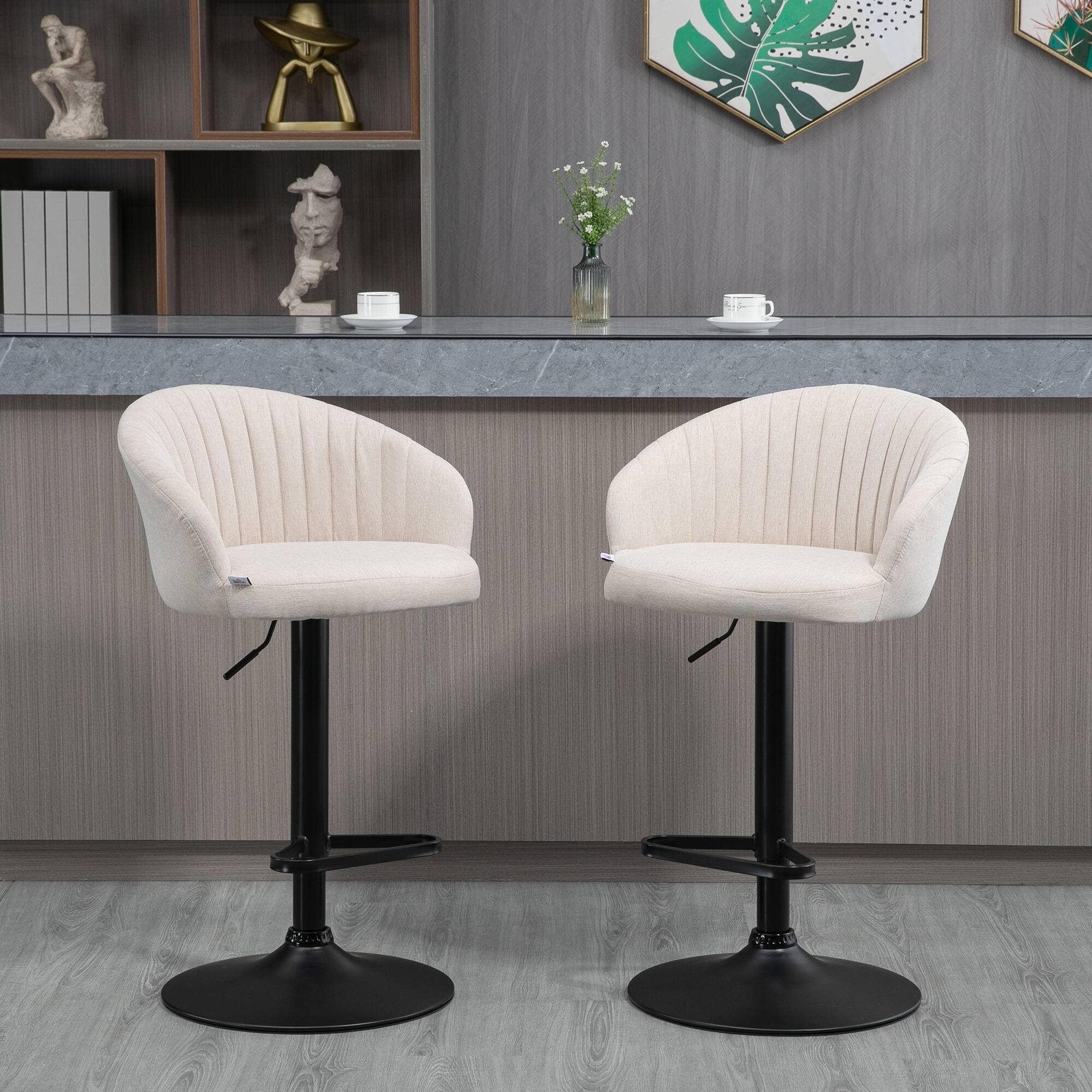 Alt View 1. Homcom - Modern Upholstered Adjustable Barstools with Swivel Seat, Linen Touch Fabric, Steel Frame - White.