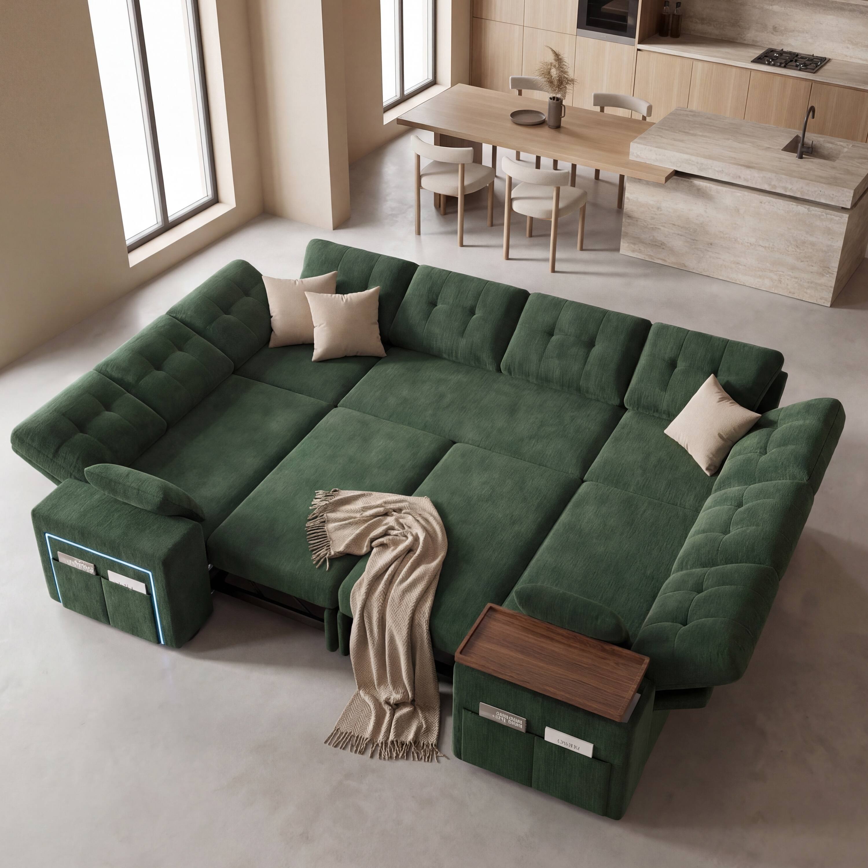 Alt View 2. Dyonery - 8-Seat Modular Sectional Sleeper Sofa with Pull-Out Bed, Reclining Backrest, USB Ports, Table, LED Lights,Green - Green.