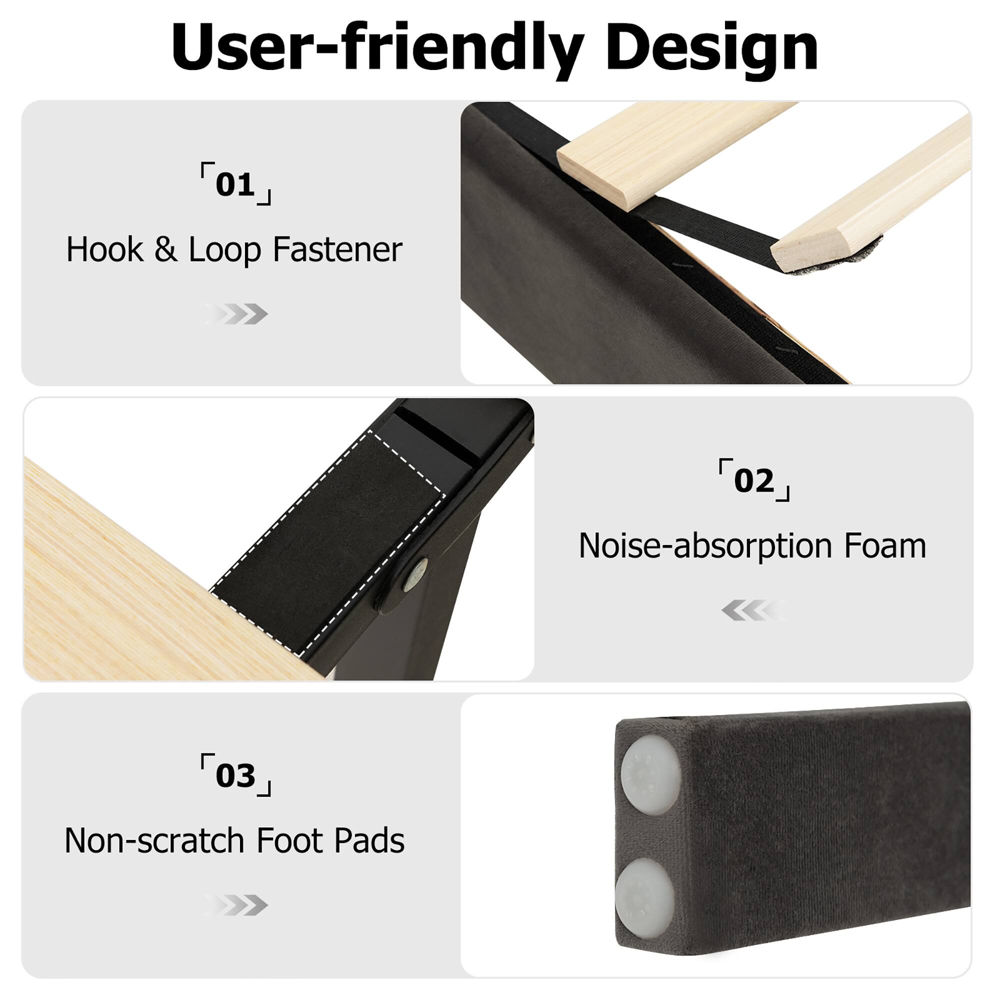 User-friendly Design

01 Hook & Loop Fastener
02 Noise-absorption Foam
03 Non-scratch Foot Pads
