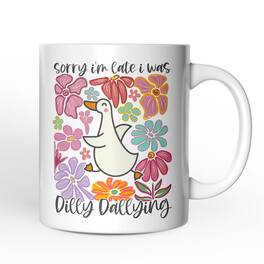 OrnamentallyYou - Sorry I'm Late I Was Dilly Dallying Mug, Funny Goose and Flowers Gift - White