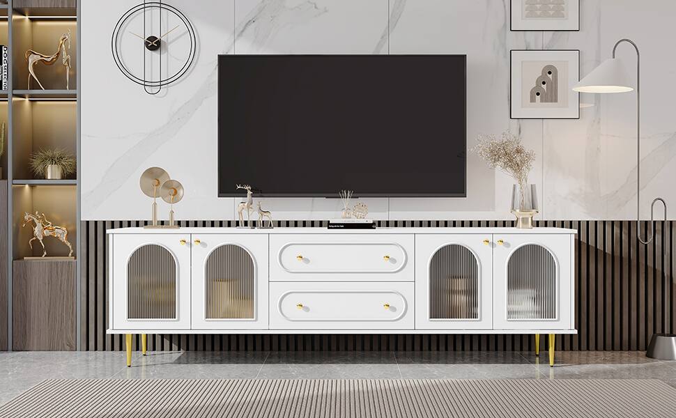 Back. APRILSOUL - Modern TV Stand with Five Metal Legs and Metal Handles 2 Drawers and 2 Cabinets with Fluted Glass Doors Up to 80inch - White.
