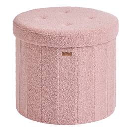 Songmics Home - Round Storage Ottoman, Folding Footrest Stool with Removable Lid, Easy Assembly, Teddy Fleece Vanity Stool for Bedroom - Jelly Pink