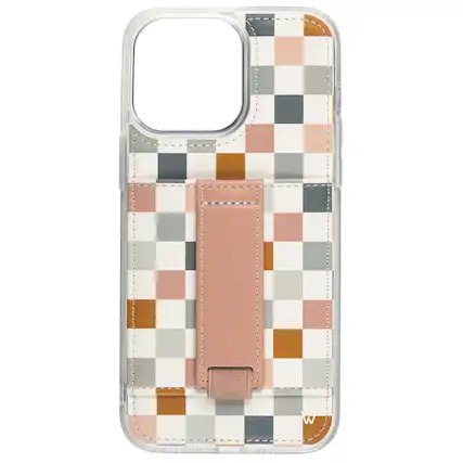 Front. Walli Cases - Coastal Check Phone Case with Wallet and Finger Strap for iPhone 16 Pro Max - Coastal Check.