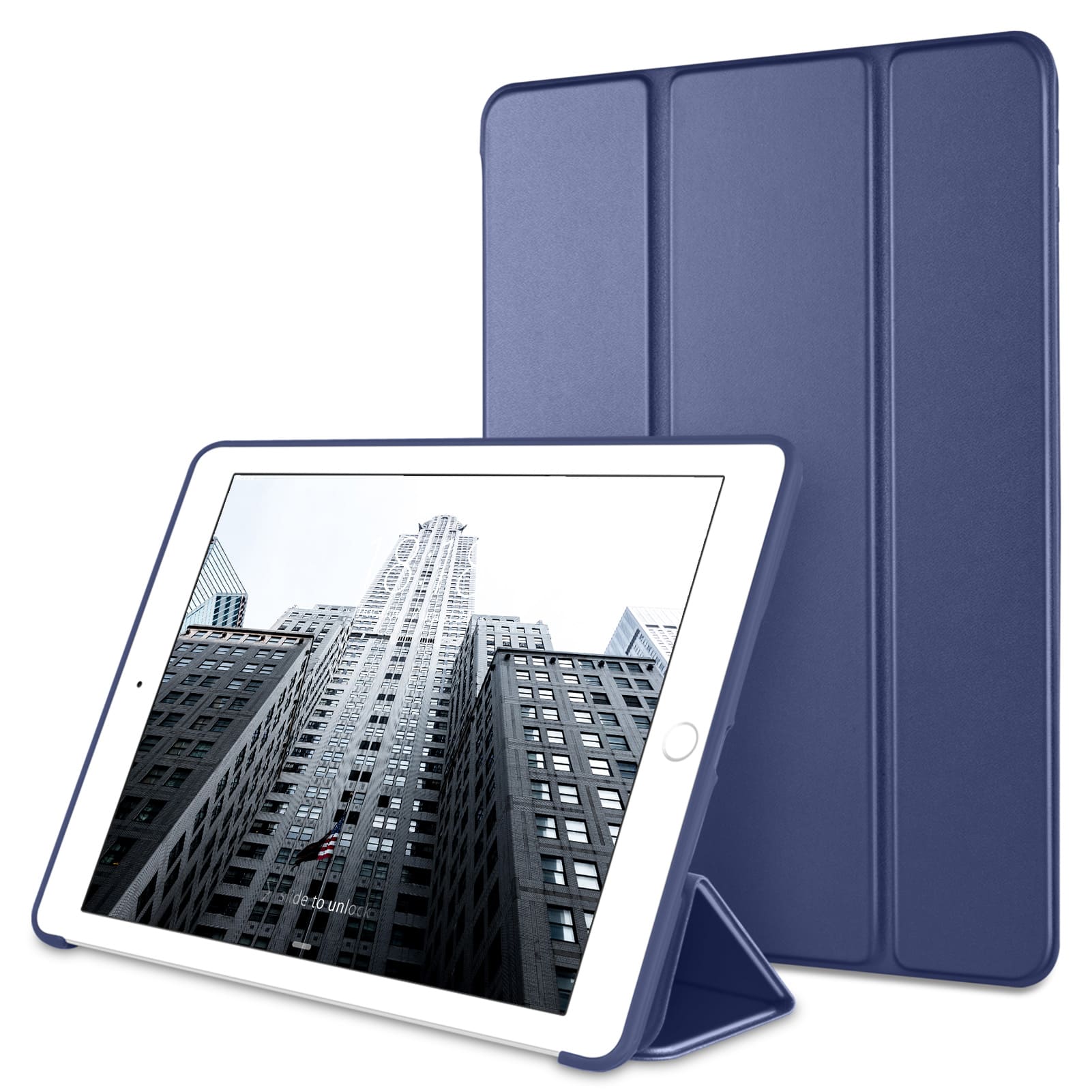 Front. DTTO - case for iPad 6th/5th Gen 9.7 Inch, Smart Slim Lightweight Stand with Soft TPU Back Cover , Auto Sleep/Wake - Navy Blue.