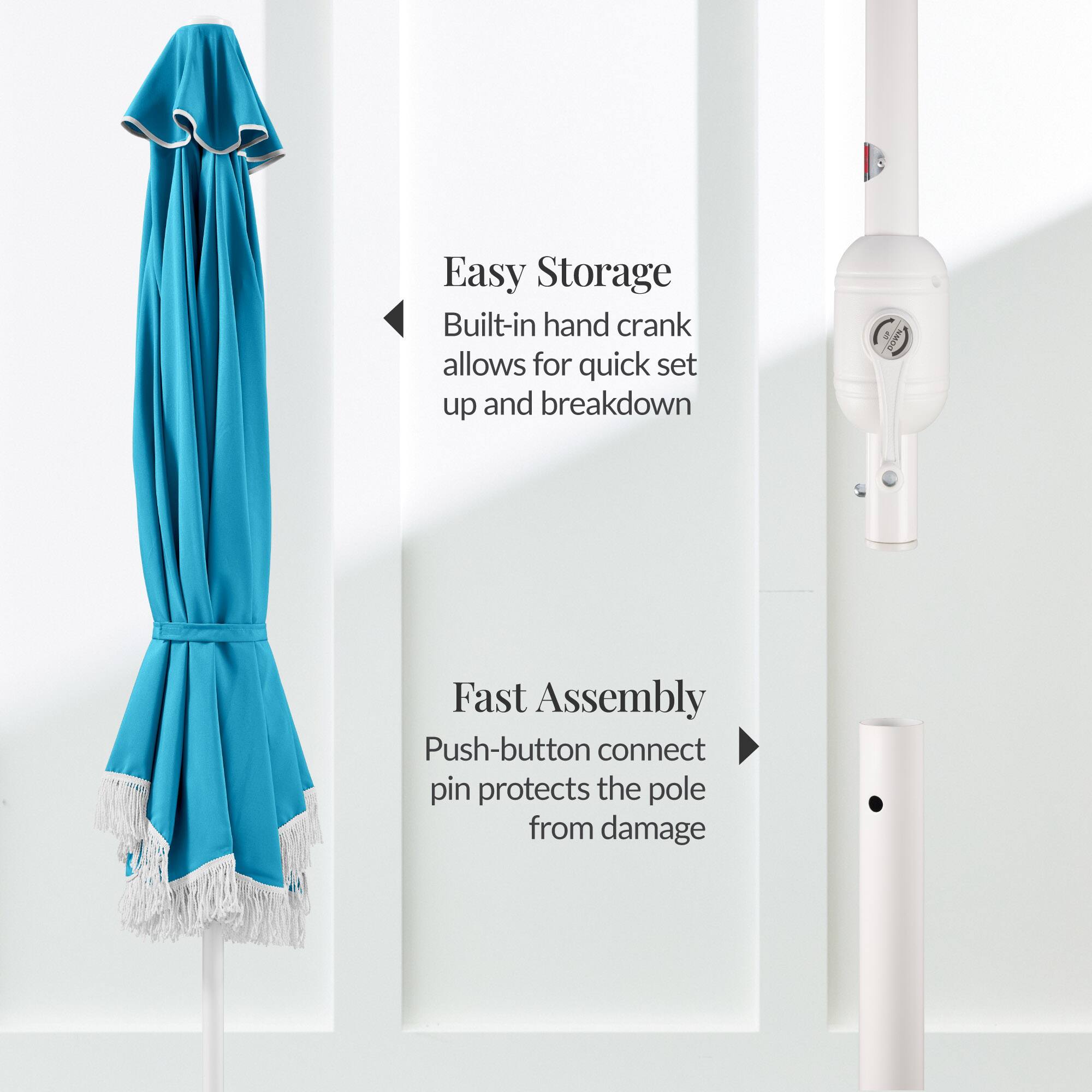 Easy Storage  
Built-in hand crank allows for quick set up and breakdown  

Fast Assembly  
Push-button connect pin protects the pole from damage