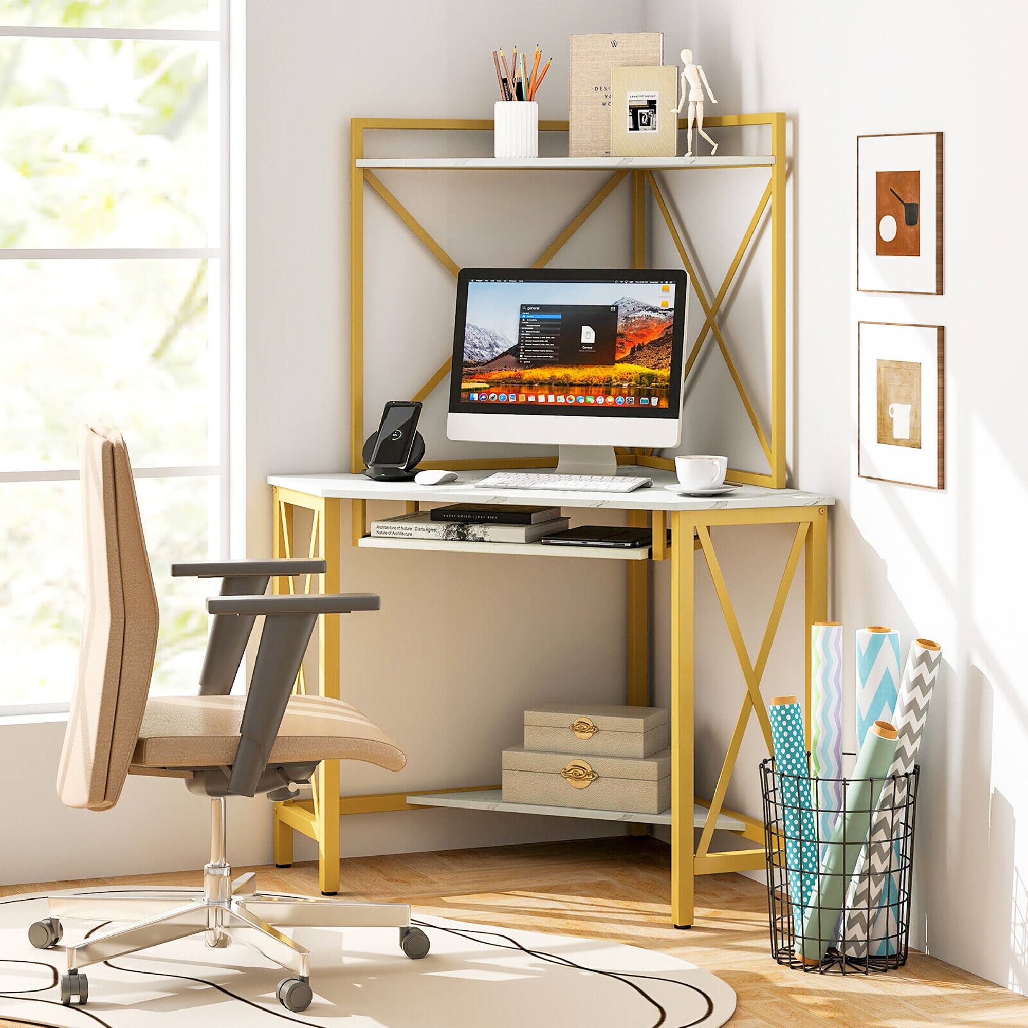 Alt View 1. Gymax - Gymax Corner Desk Space-Saving Computer Desk w/ Shelves & Keyboard Tray White - White, Golden.