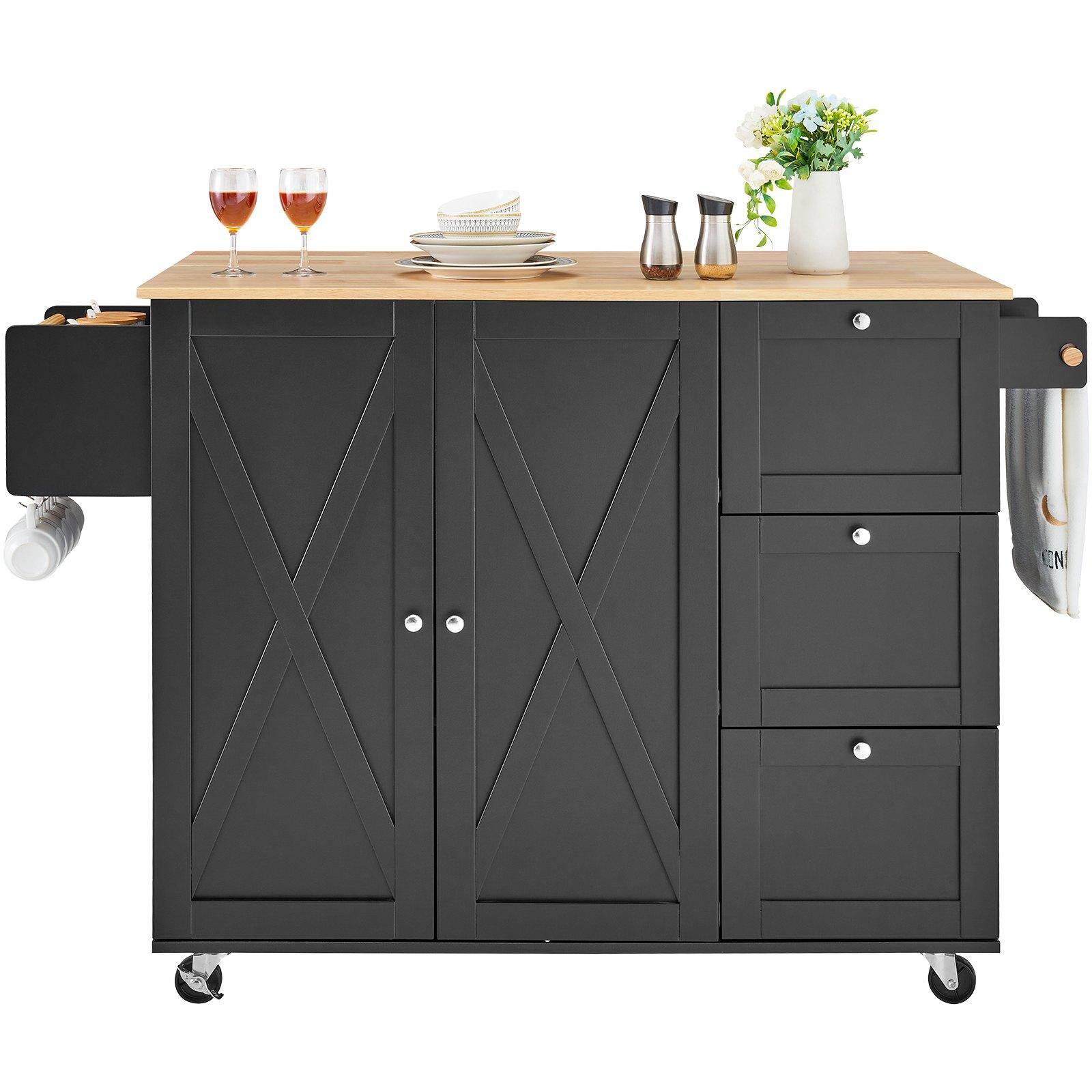 Alt View 10. Glintex - Kitchen Island Cart, 56" Wood Top Mobile Storage Cabinet with Drop Leaf, Drawer, Adjustable Shelf, Spice Rack and Hooks - Black.