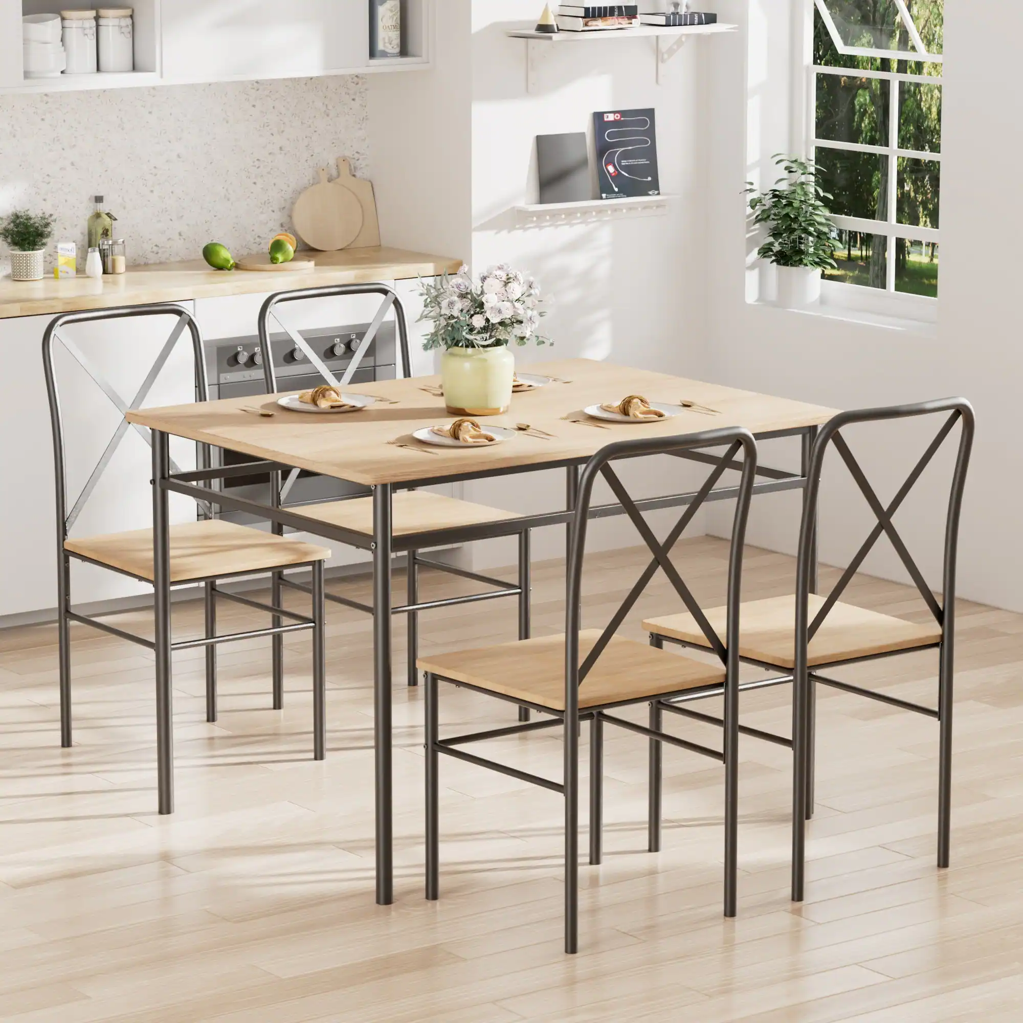 Alt View 3. Vecelo - 5-Piece Dining Table Set With 4 Chairs - Space-Saving Metal Frame Table (300 lb Weight Capacity) - Black.