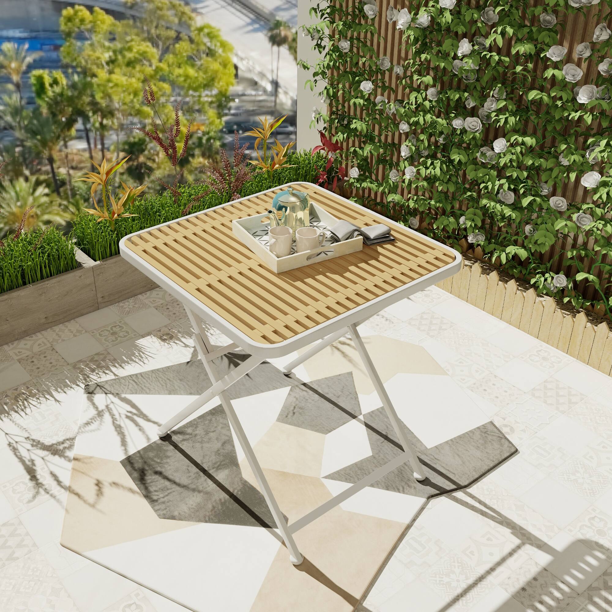 Angle. Mondawe - Modern Folding Square Table, Polypropylene Tabletop with Metal Legs - khaki+White.