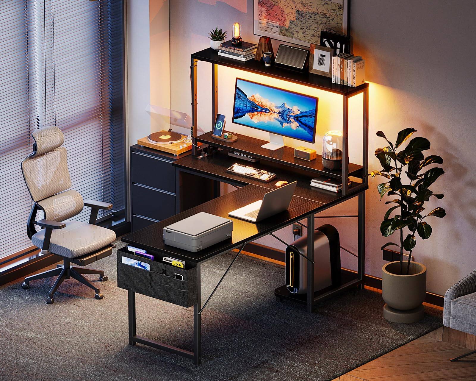 Alt View 3. AODK - Reversible L-Shaped Gaming Desk with LED Light, Power Outlet, Shelf, Storage Bag and Hook - Black.