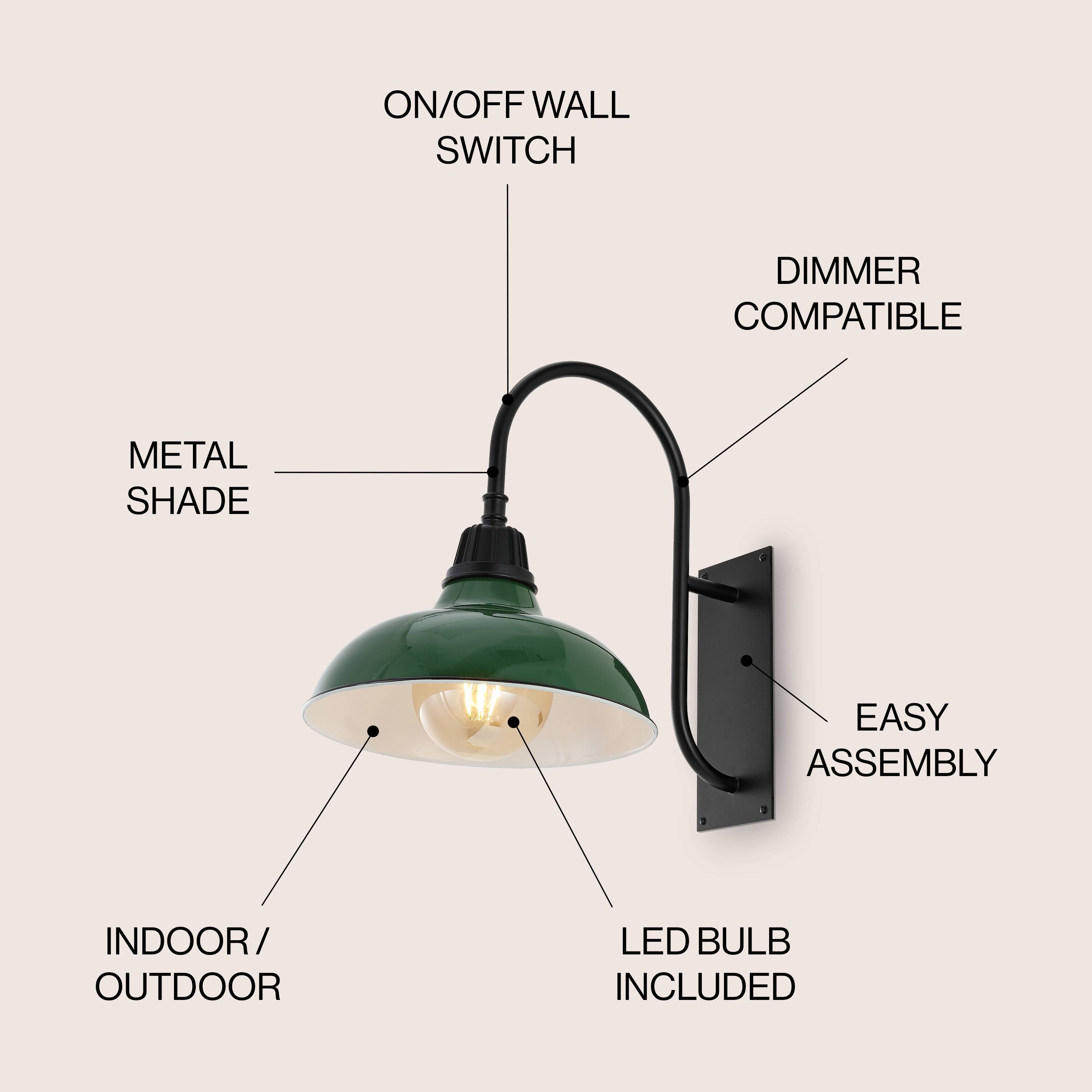 ON/OFF WALL SWITCH  
DIMMER COMPATIBLE  
METAL SHADE  
EASY ASSEMBLY  
INDOOR/OUTDOOR  
LED BULB INCLUDED