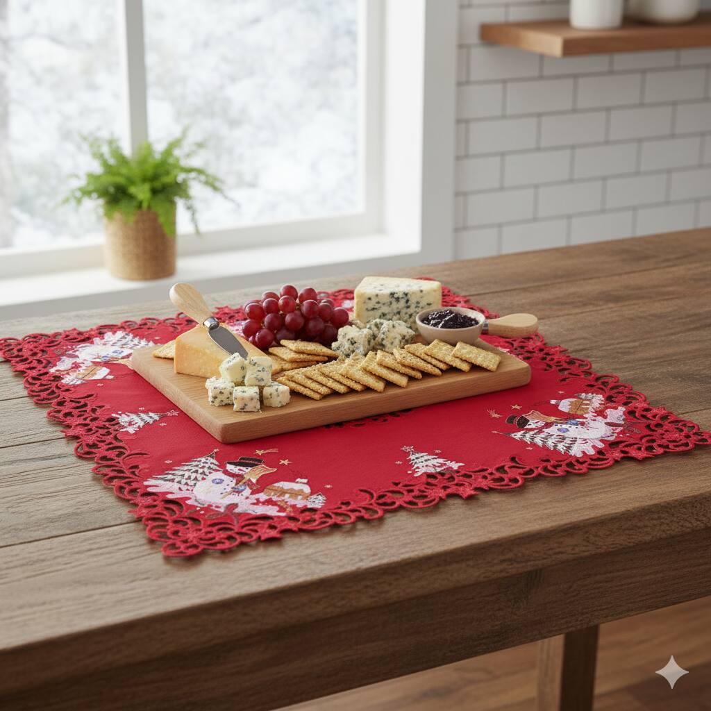 Angle. Jiallo - Snow Man Embroidered Cutwork Square Tablecloth, 44  inch square  Table Linen - Red.