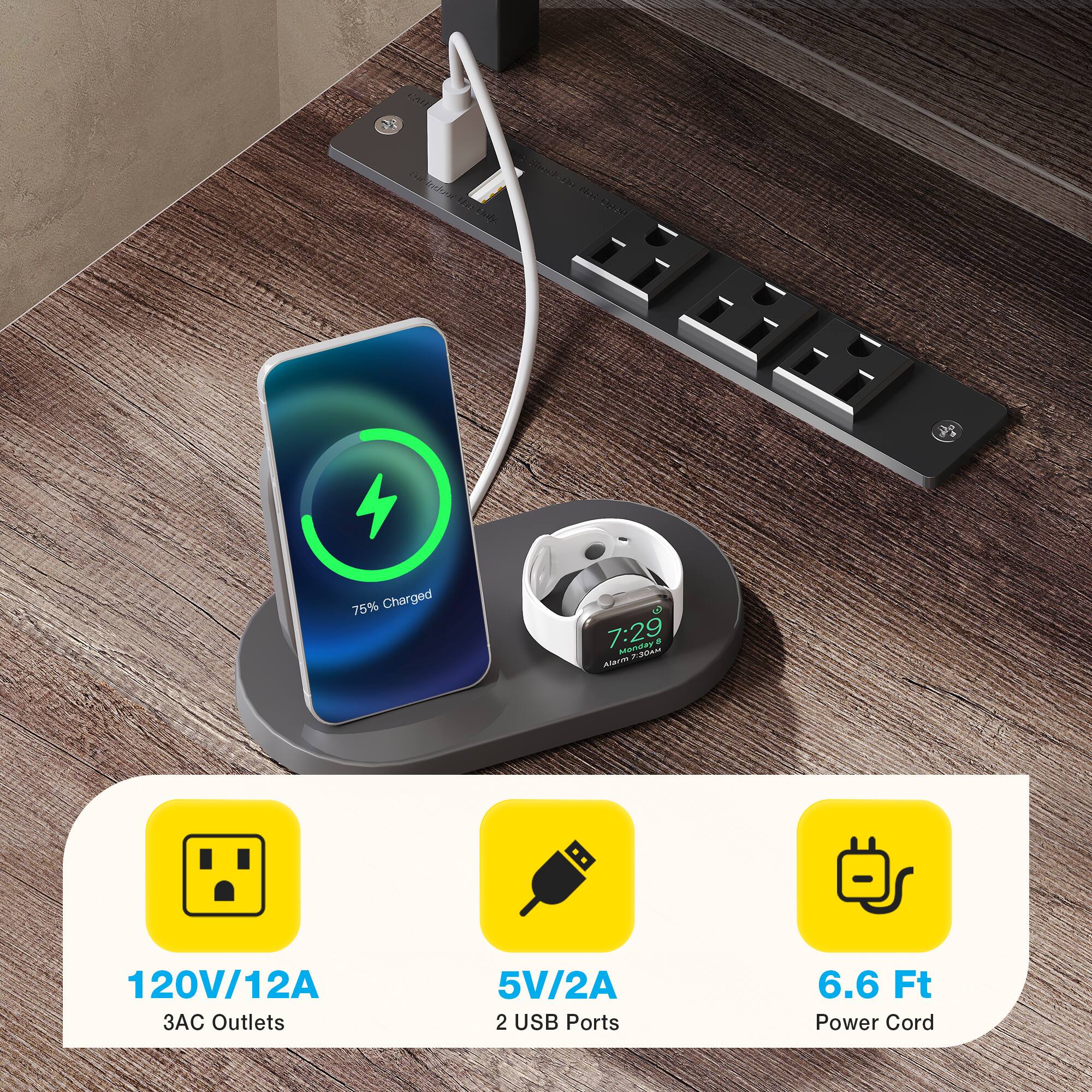 A -8 2 Imie SOCA TH re1c nothingotcri hd m  
76% Charged 7:29 Mandey  
PA Aiam  
120V/12A 3AC Outlets  
5V/2A 2 USB Ports  
6.6 Ft Power Cord