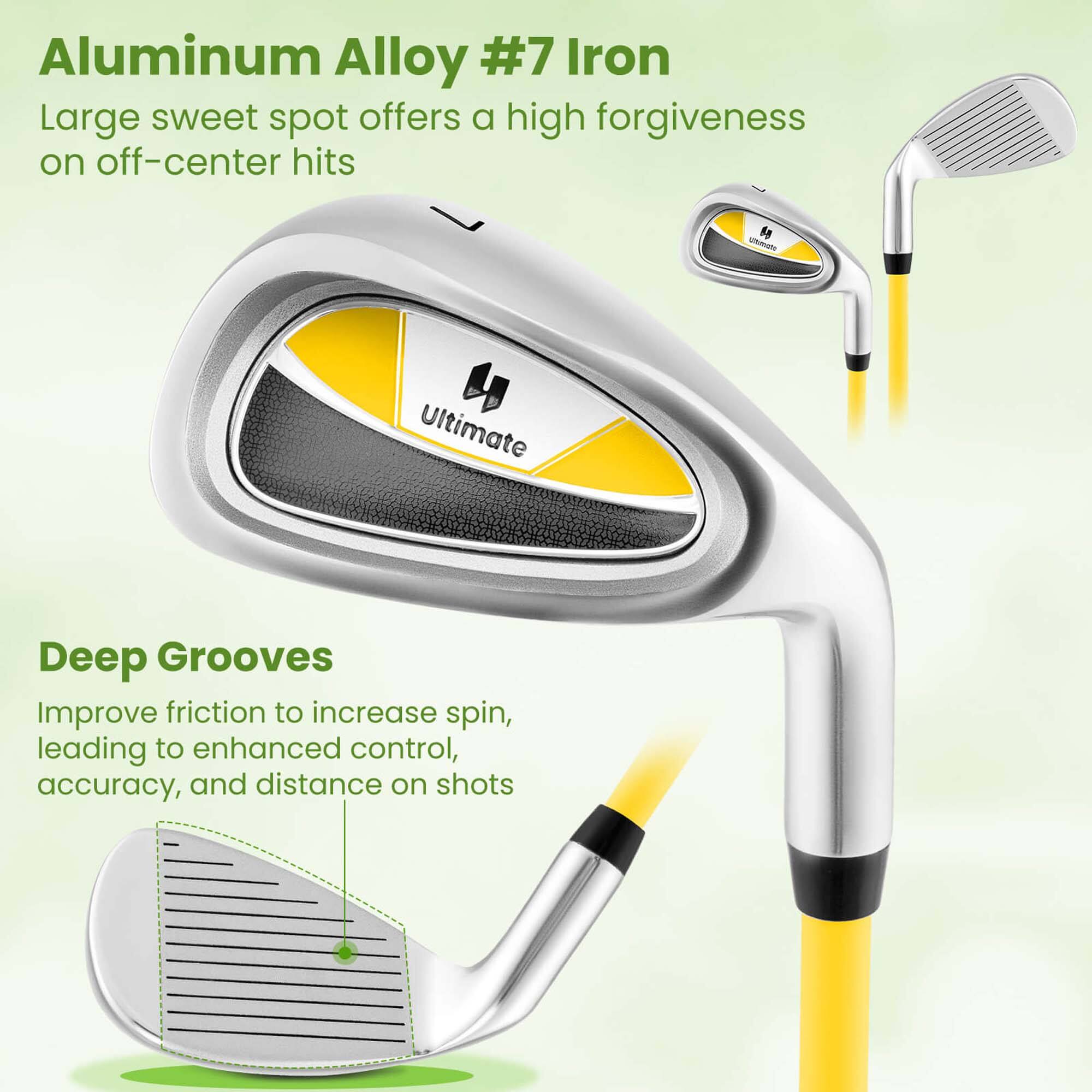 Aluminum Alloy #7 Iron  
Large sweet spot offers a high forgiveness on off-center hits  

Deep Grooves  
Improve friction to increase spin, leading to enhanced control, accuracy, and distance on shots