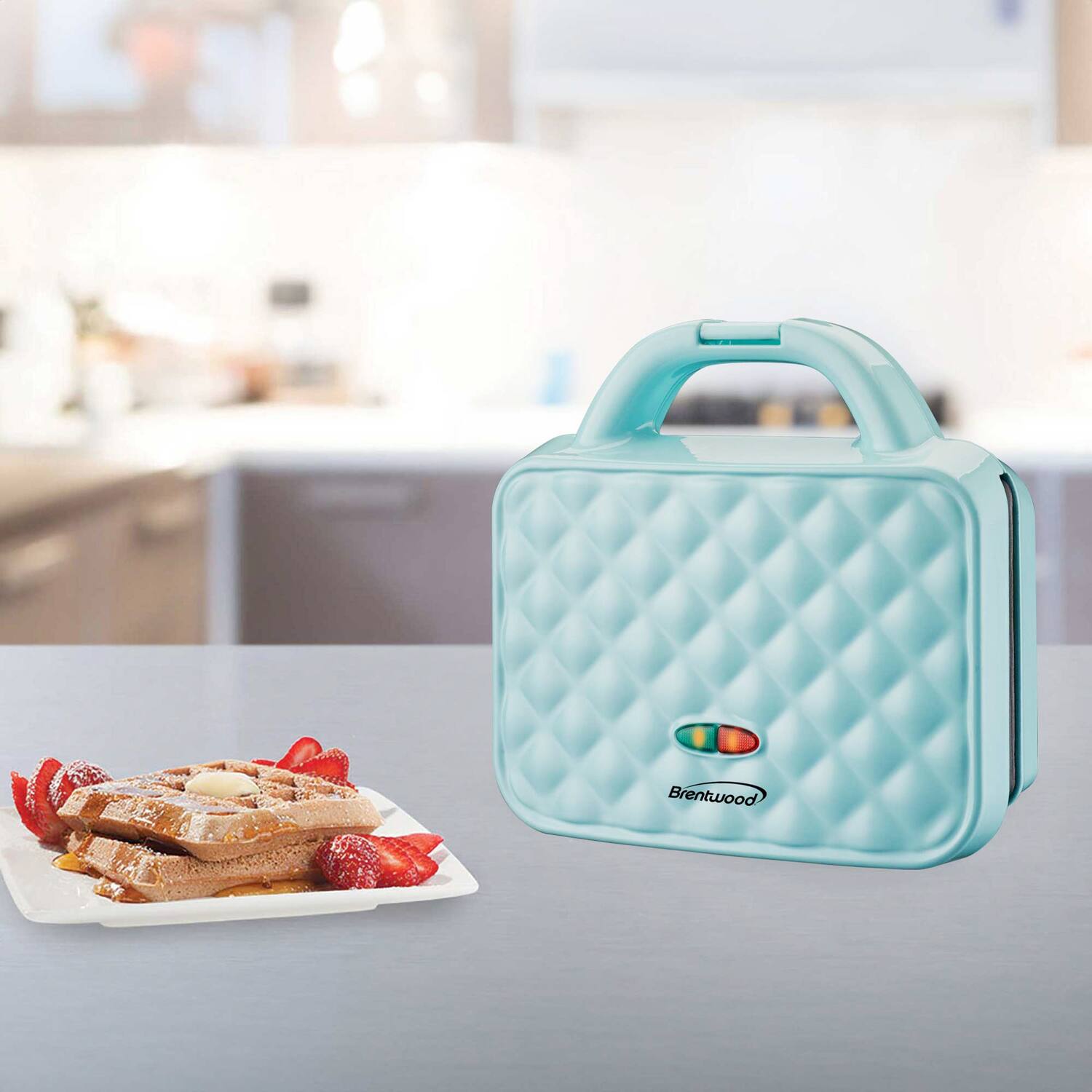 Left. Brentwood - Brentwood Couture Purse Non-Stick Dual Waffle Maker in Blue with Indicator Lights - Blue.