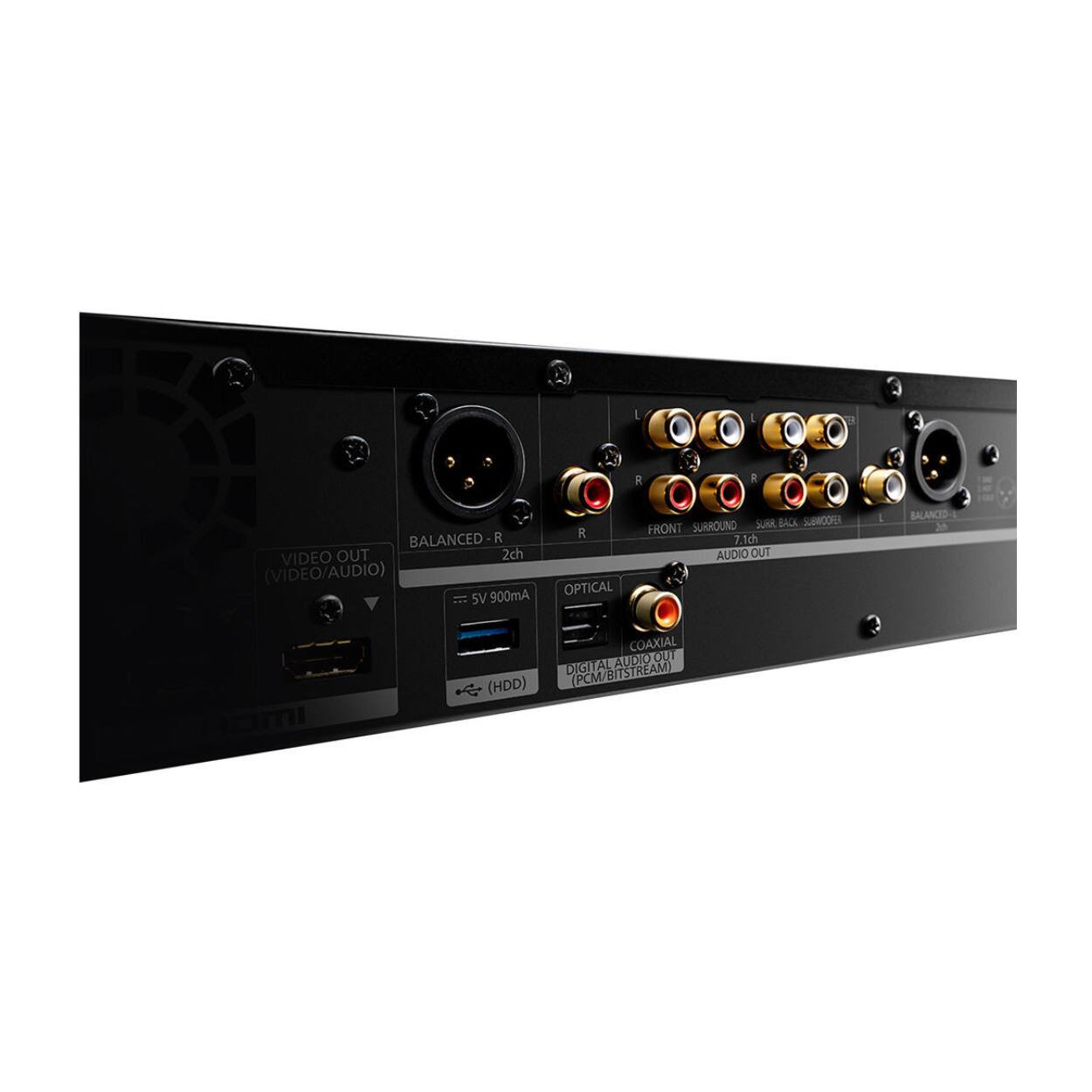 R R BALANCED VIDEO OUT 2ch (VIDEO/AUDIO) OPTICAL 5V 900mA  
SURROUND SURR BACK SUBWOOFER, FRONT 7.1ch AUDIO OUT  
BALANCED-U  
COAXIAL AUDIO OUT DIGITAL (PCM/BITSTREAM) (HDD)