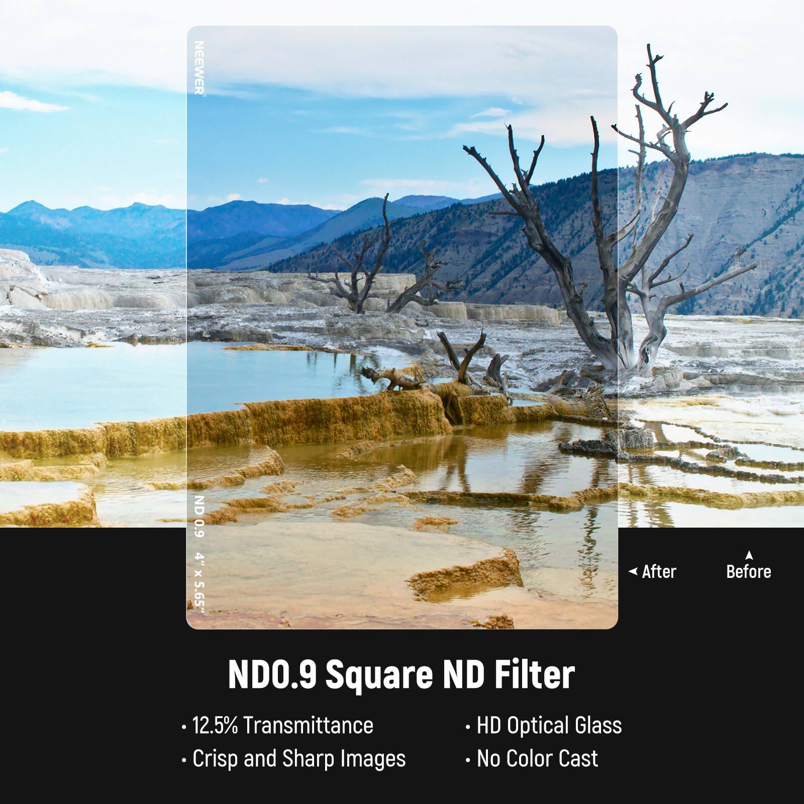 NEEWER ND0.9 4" x 5.65" Square ND Filter

- 12.5% Transmittance
- Crisp and Sharp Images
- HD Optical Glass
- No Color Cast