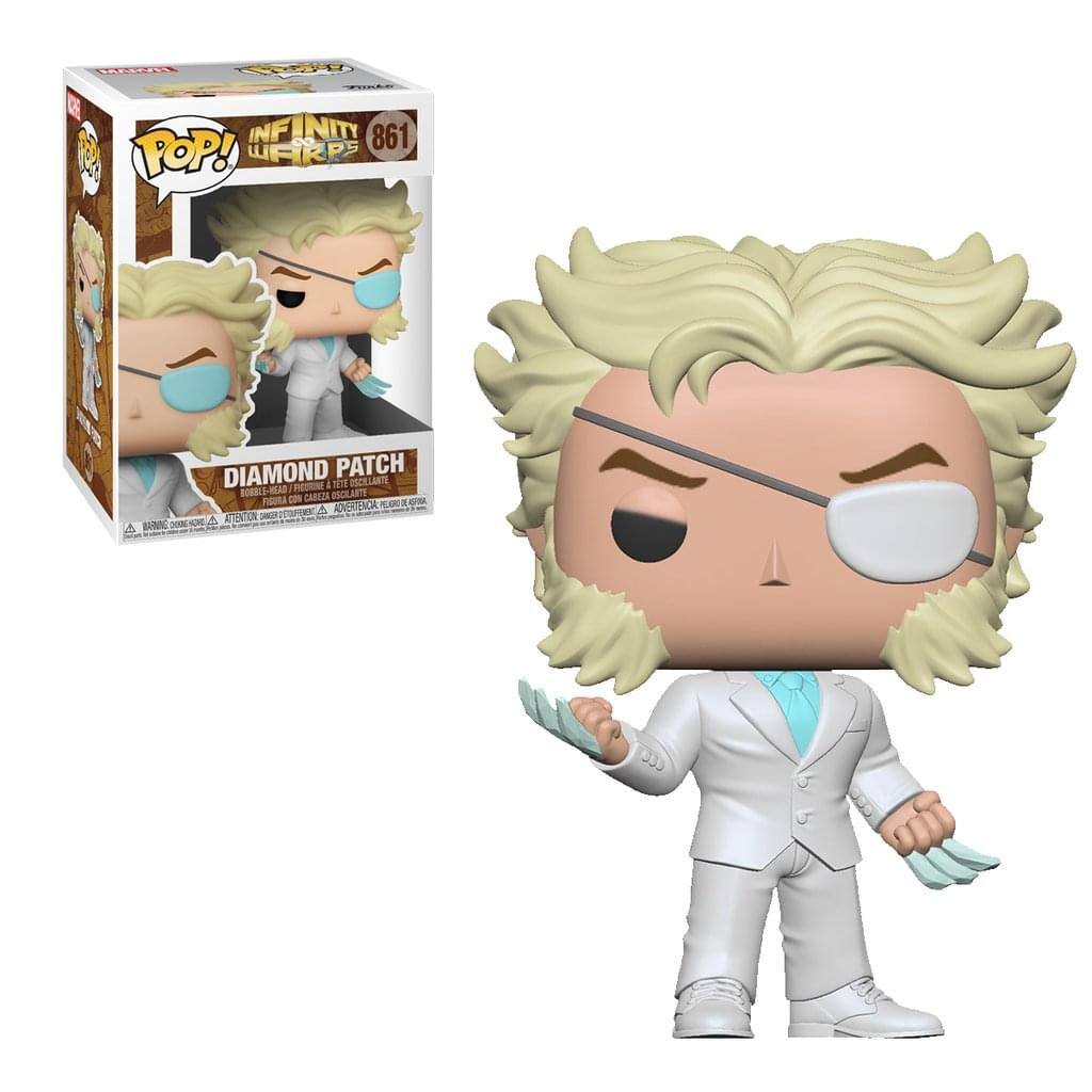 Sure, here is the corrected and grouped text from the image:

**Box:**
- POP! INFINITY WARS 861
- DIAMOND PATCH
- FIGURA CON CABEZA ESCILLANTE
- WARNING: CHOKING HAZARD - SMALL PARTS. NOT FOR CHILDREN UNDER 3 YEARS.
- ATENÇÃO: PEÇAS PEQUENAS. RISCO DE ASFOGAMENTO. NÃO ATRAVESSAR DE 3 ANOS.
- ADVERTENCIA: PEQUEÑAS PIEZAS. RIESGO DE AHOGO. NO ATRAVIESA DE 3 AÑOS.

**Figure:**
- (No additional text visible on the figure itself)