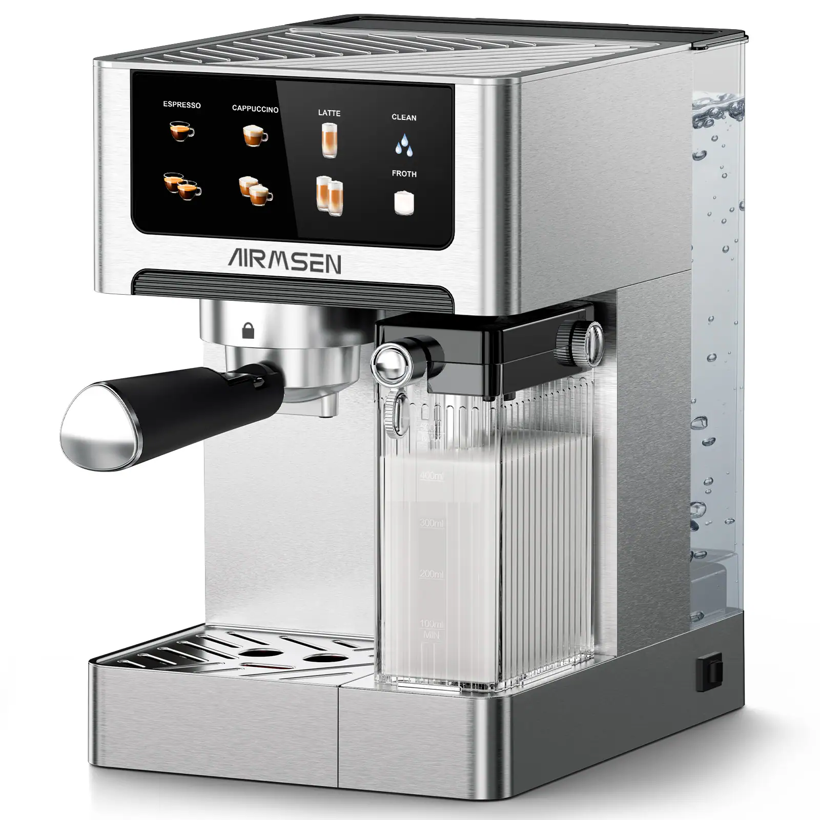 ESPRESSO, CAPPUCCINO, LATTE, CLEAN, FROTH, AIRMSEN, 400ml, 300ml, 200ml, 100ml MIN
