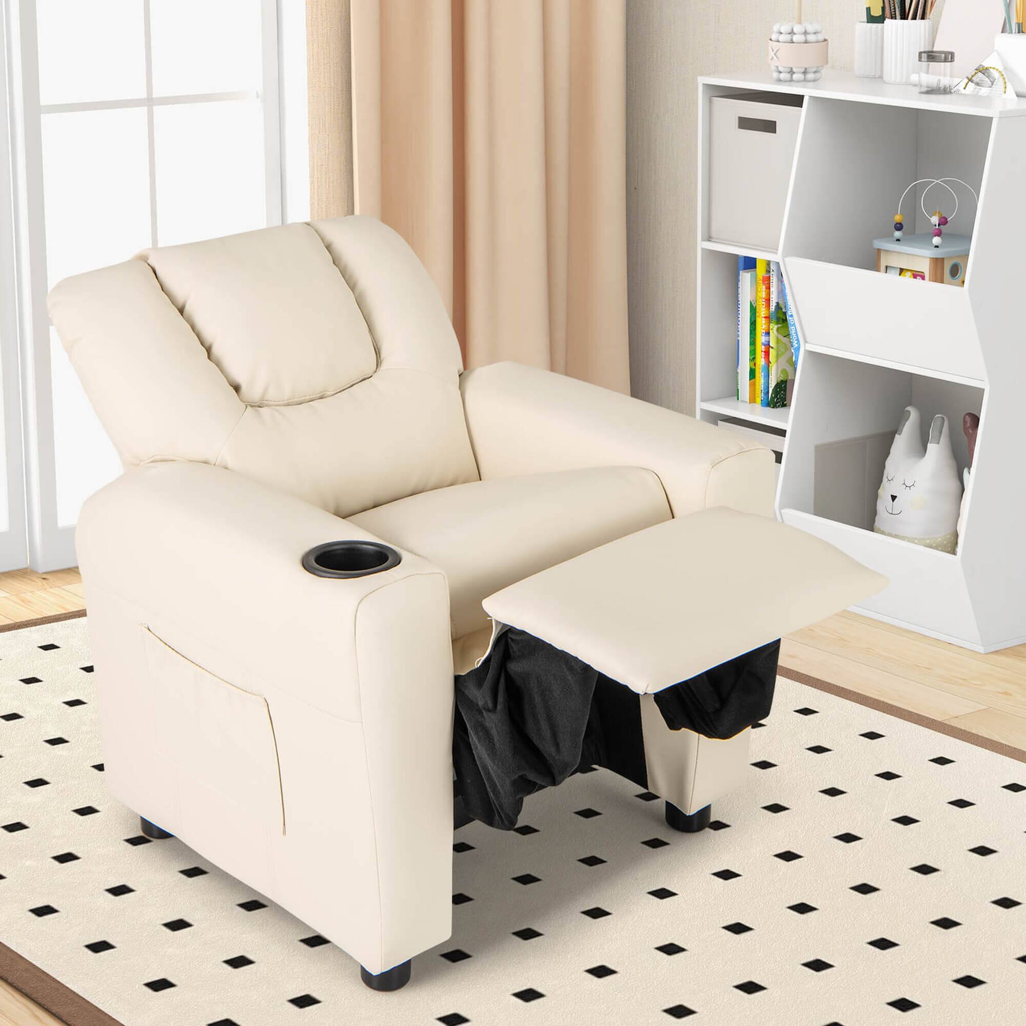 Alt View 4. Costway - Costway Kids Recliner Chair with Cup Holder & Side Pocket Adjustable Backrest Footrest - Beige.