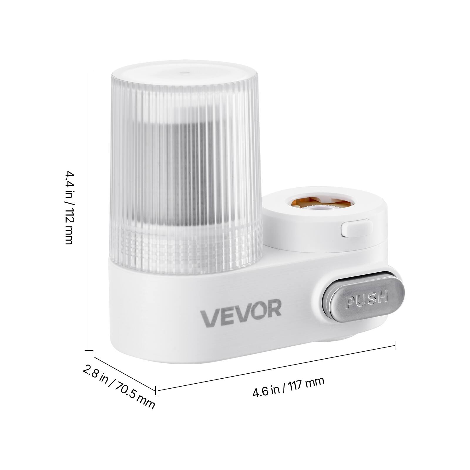 The corrected and grouped text from the image is:

- 4.4 in / 112 mm
- 2.8 in / 70.5 mm
- 4.6 in / 117 mm
- VEVOR PUSH