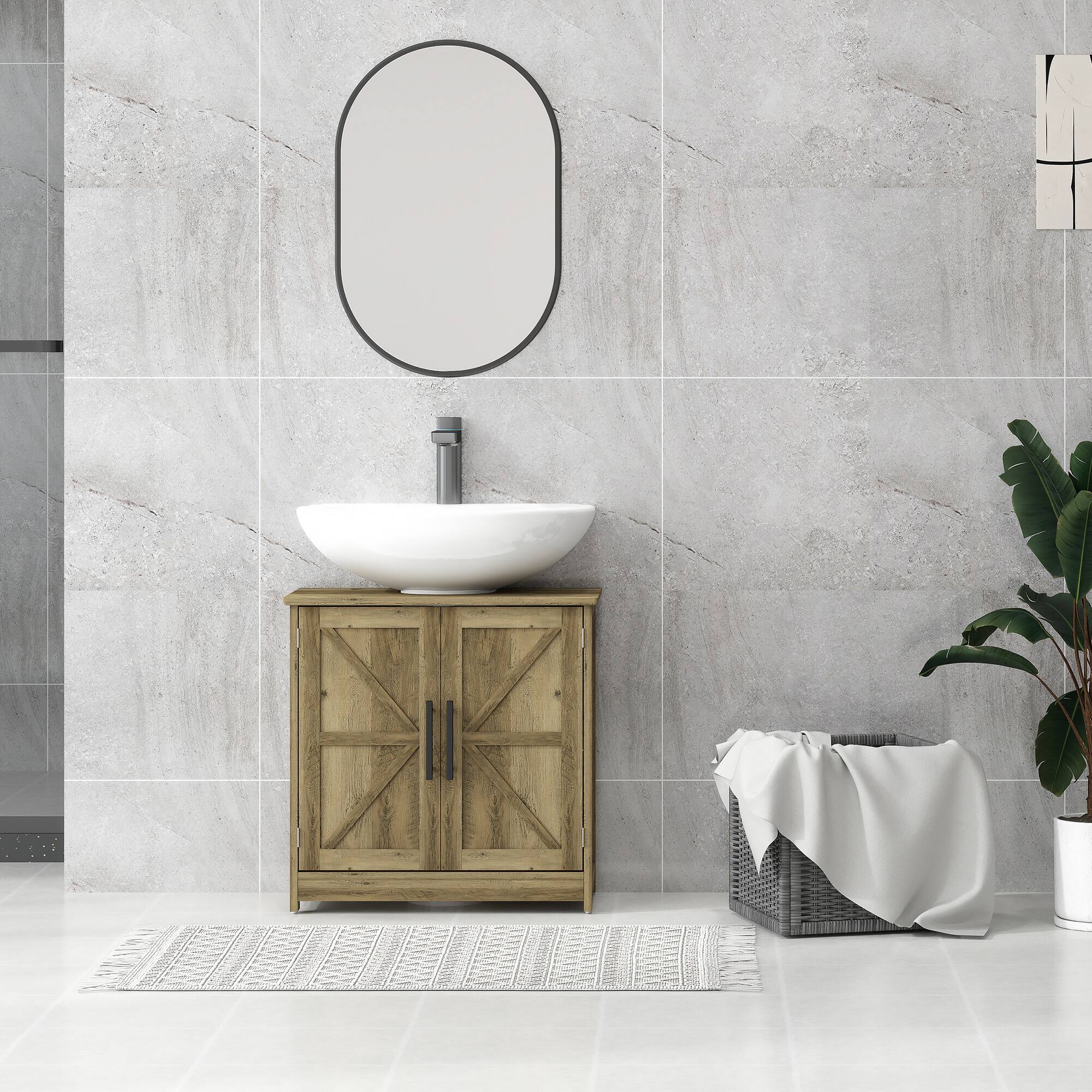 Alt View 8. Homcom - Farmhouse Freestanding Pedestal Sink Cabinet w/ 2 Barn Doors & Shelf - Gray.