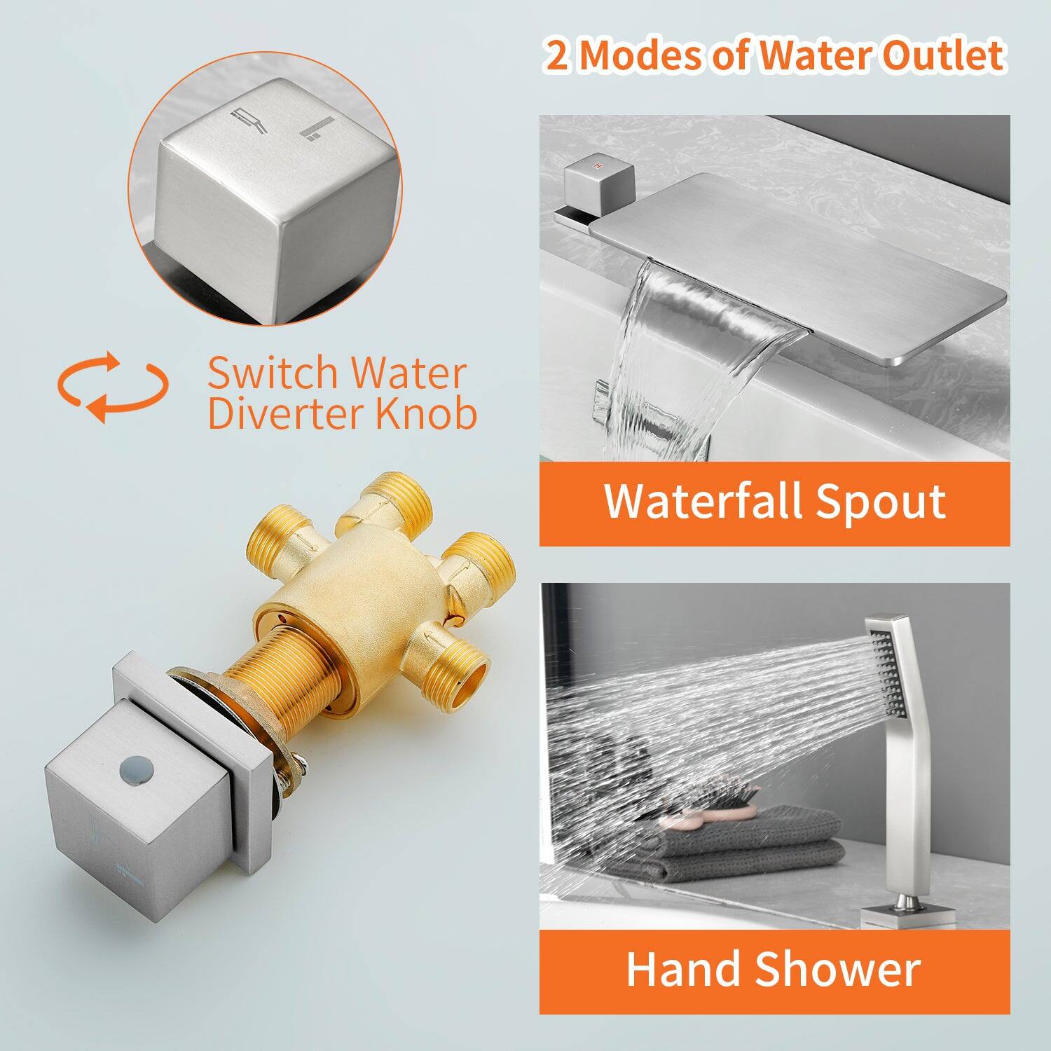 2 Modes of Water Outlet

Switch Water Diverter Knob

Waterfall Spout

Hand Shower