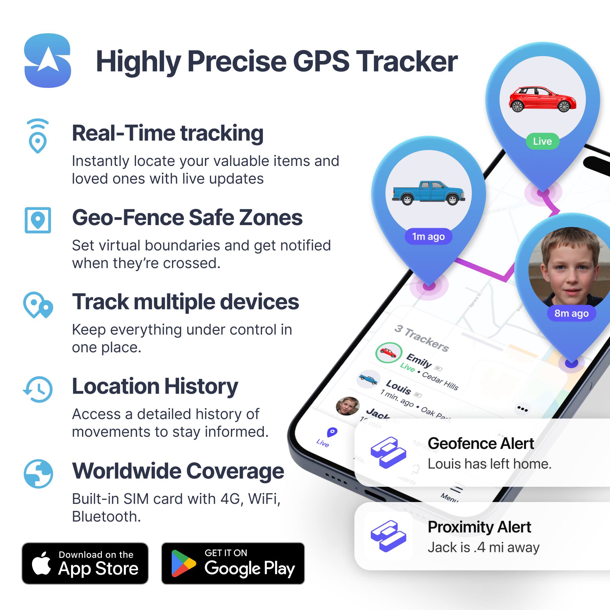 Highly Precise GPS Tracker

- Real-Time tracking
  - Instantly locate your valuable items and loved ones with live updates

- Geo-Fence Safe Zones
  - Set virtual boundaries and get notified when they're crossed

- Track multiple devices
  - Keep everything under control in one place

- Location History
  - Access a detailed history of movements to stay informed

- Worldwide Coverage
  - Built-in SIM card with 4G, WiFi, Bluetooth

Download on the App Store
GET IT ON Google Play

3 Trackers
- Emily (Live) - Cedar Hills
- Louis (1 min ago) - Oak Park
- Jack (8m ago) - Proximity Alert: Jack is .4 mi away

Geofence Alert: Louis has left home.