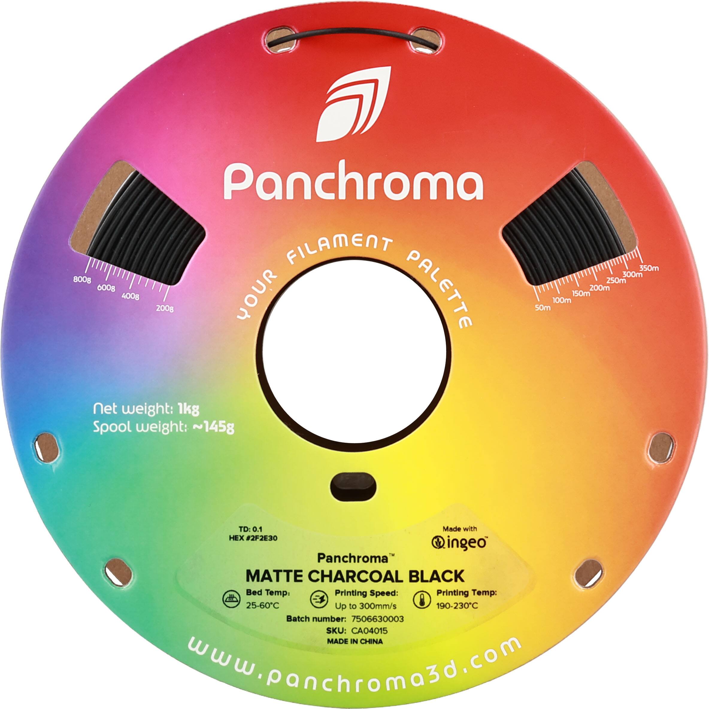 Panchroma FILAMENT 550m 300m 800g 250m 6008 400g 200g YOUR PALETTE 50m 100m 150m 200m Net weight: 1kg Spool weight: ~145g TD:0 0.1 Made with HEX 22830 ingeo Panchroma MATTE CHARCOAL BLACK Bed Temp. Printing Speed: Printing Temp: 25-60C 300mm/s & 190-230C Up to Batch number: 7506630003 SKU: CA04015 MADE IN CHINA [www.panchroma3d.com](http://www.panchroma3d.com)
