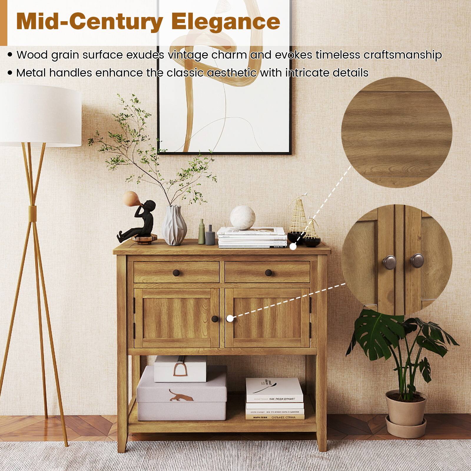 Mid-Century Elegance

- Wood grain surface exudes vintage charm and evokes timeless craftsmanship
- Metal handles enhance the classic aesthetic with intricate details