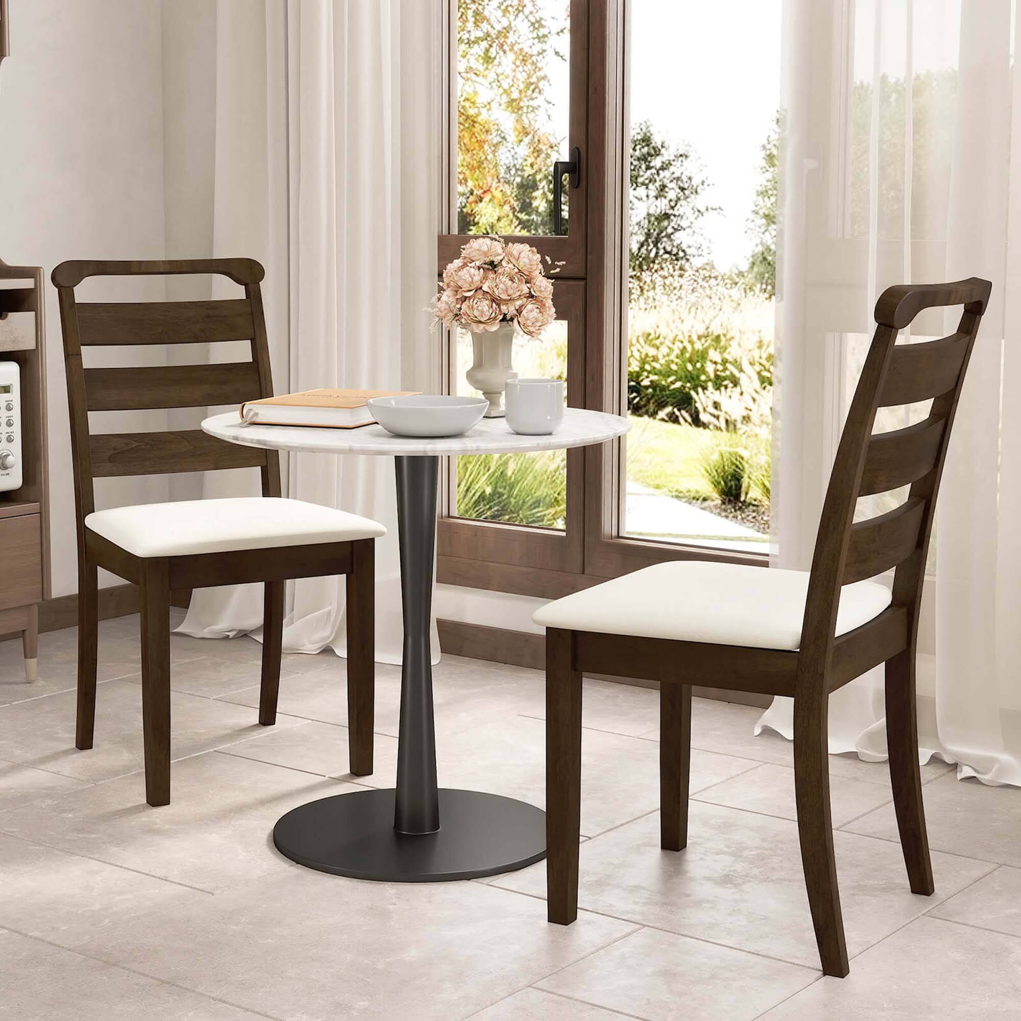 Angle. Costway - Modern Dining Chair Set of 2 Upholstered Farmhouse Chairs with Rubber Wood Frame - Brown + White.