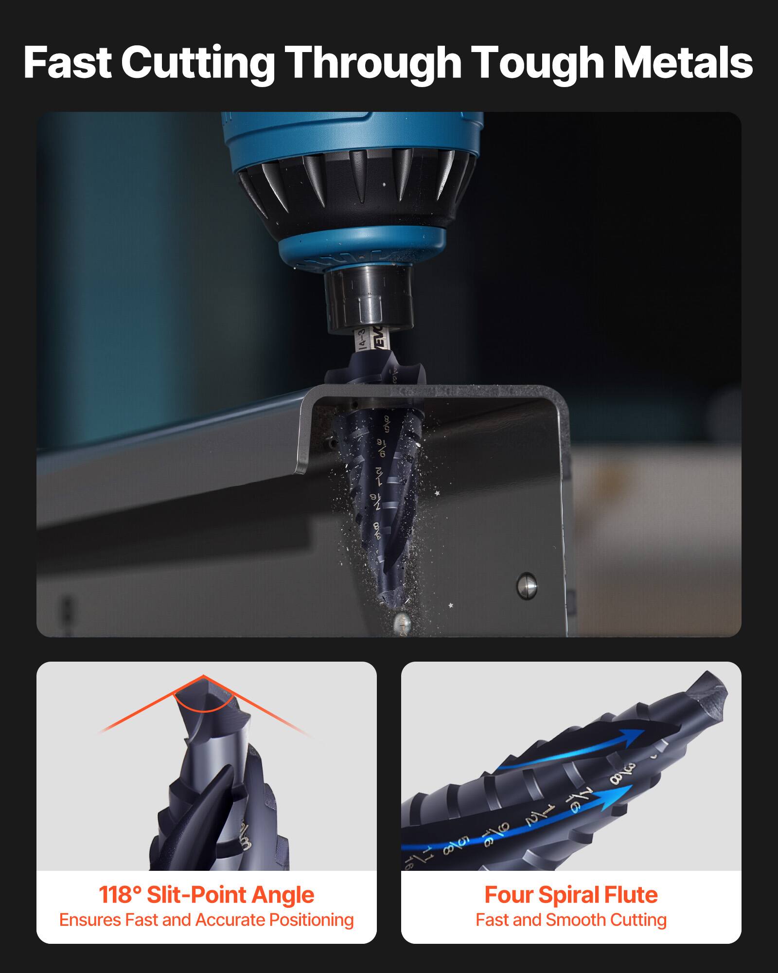 Fast Cutting Through Tough Metals

118° Slit-Point Angle  
Ensures Fast and Accurate Positioning

Four Spiral Flute  
Fast and Smooth Cutting