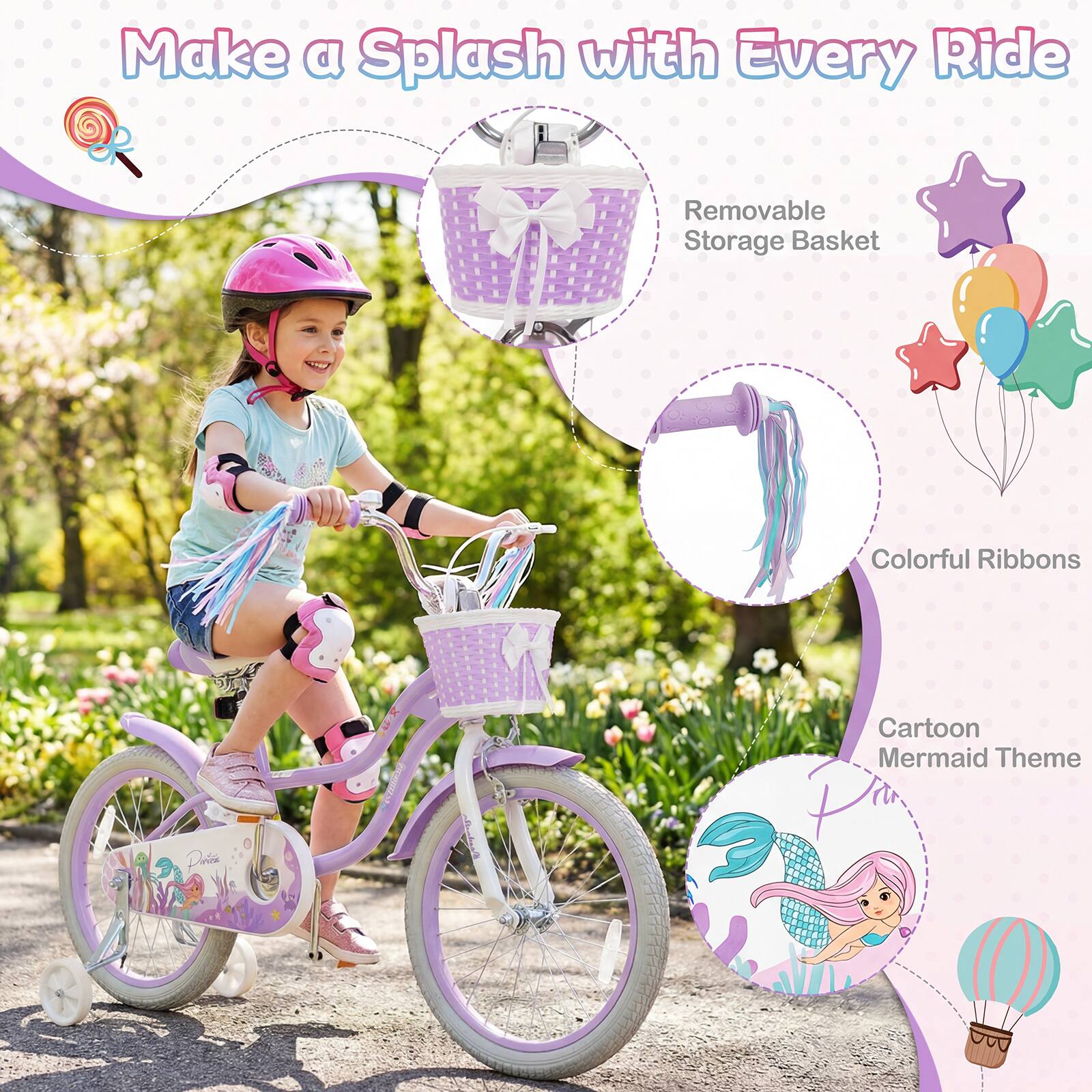 Make a Splash with Every Ride

- Removable Storage Basket
- Colorful Ribbons
- Cartoon Mermaid Theme