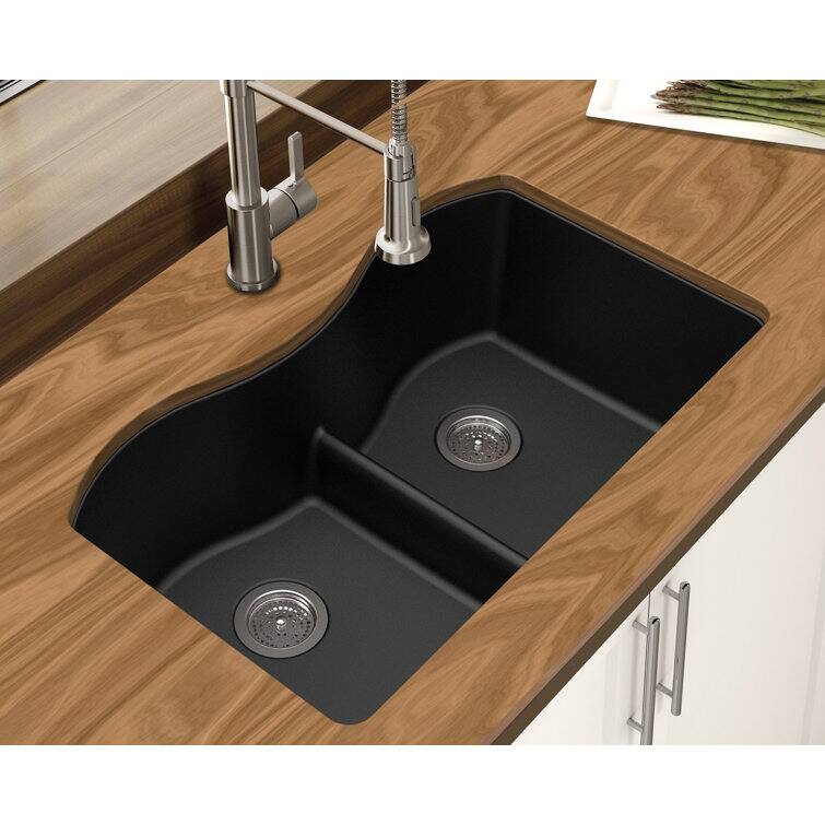Angle. Winpro - Winpro Undermount Granite Composite 33 in. x 20 in. x 9-1/2 in. Double Equal Bowl Low Divide Kitchen Sink in Black - Black.