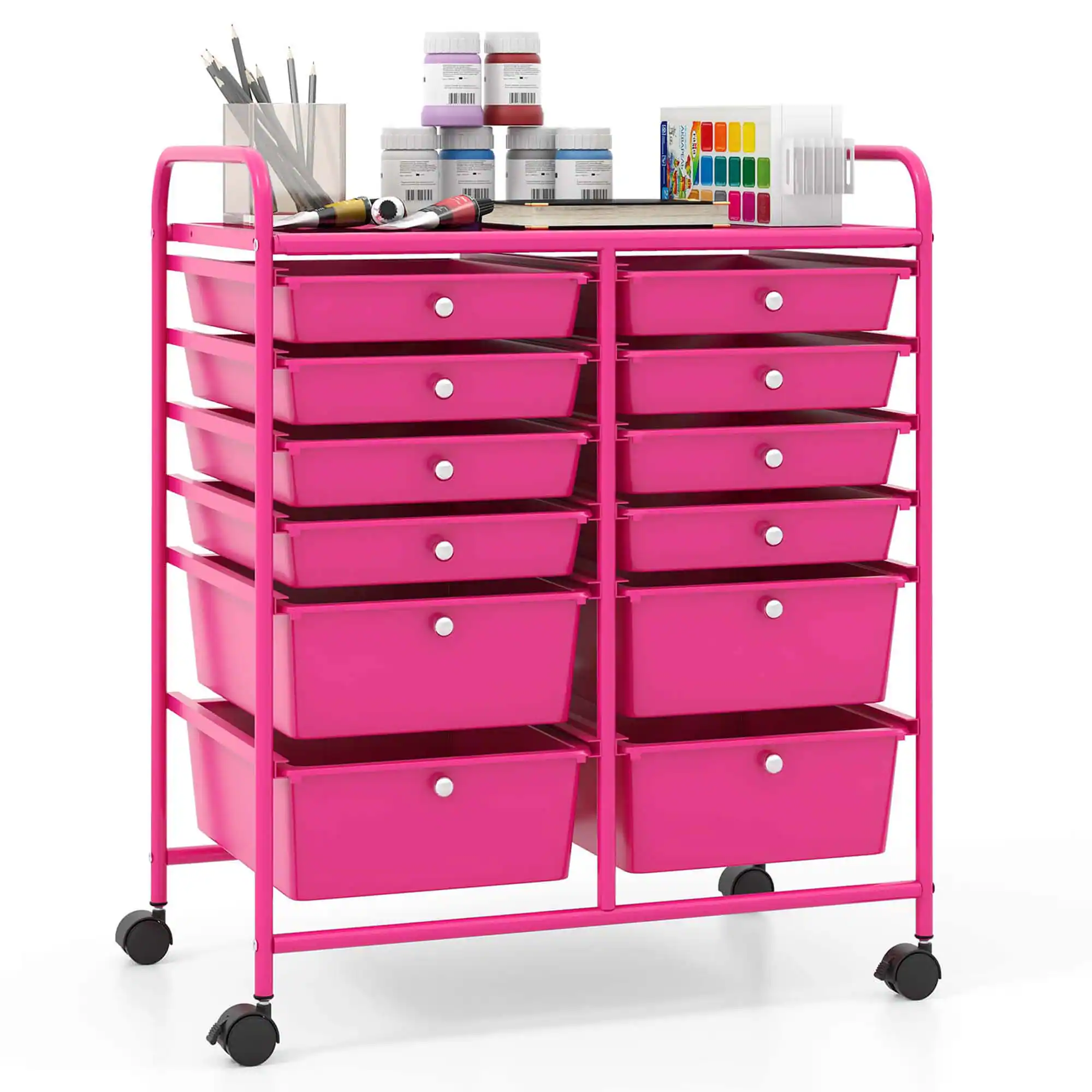 Costway - 12-Drawer Rolling Storage Cart with 2 Sizes Plastic Drawers - Hot Pink