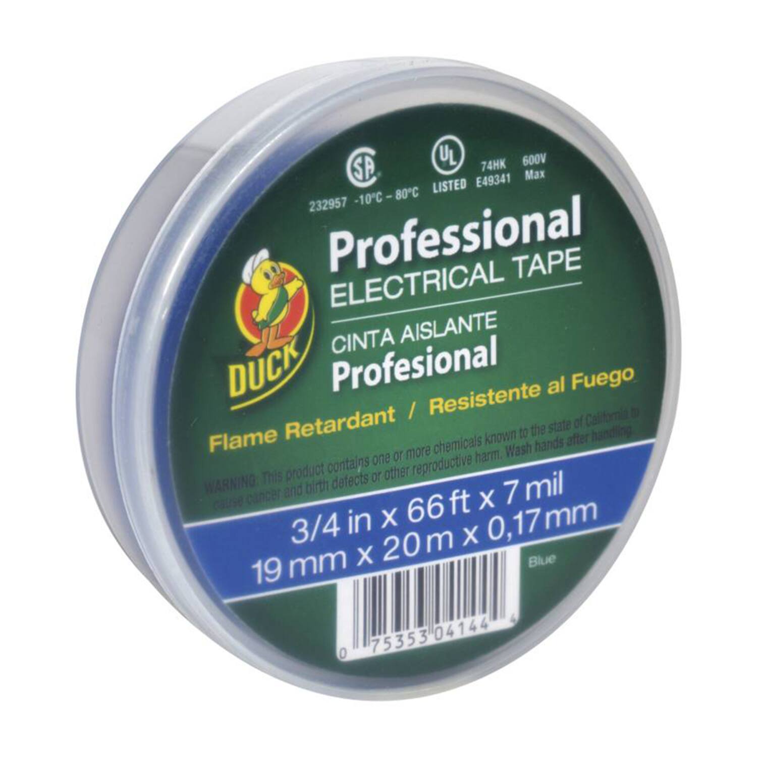 UL 74HK 600V SA E49341 Max 80C LISTED I 232957 -10C Professional PE ELECTRICAL TAPE CINTA AISLANTE DUCK Profesional Flame Retardant / Resistente al Fuego

WARNING: This product contains one or more chemicals known to the state of California to cause cancer and birth defects or other reproductive harm. Wash hands after handling.

3/4 in x 66 ft x 7 mil
19 mm x 20 m x 0,17 mm
Blue

75353 04144