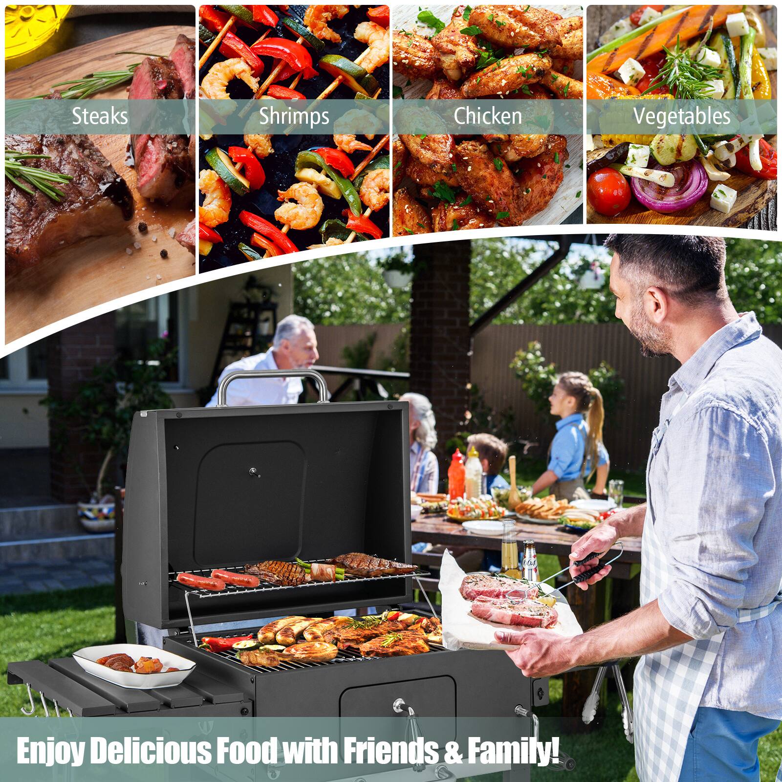 Steaks, Shrimps, Chicken, Vegetables, Enjoy Delicious Food with Friends & Family!