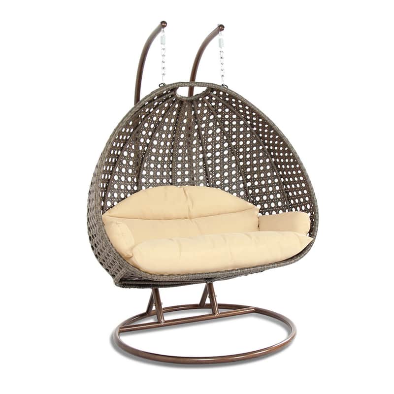 Front. LeisureMod - Leisuremod 2-Person Wicker Egg Swing Chair with Stand & Washable Cushions - Indoor/Outdoor Double Hanging Patio Chair - Cream.