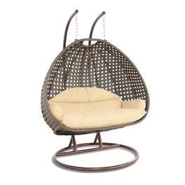 LeisureMod - 2-Person Wicker Egg Swing Chair with Stand & Washable Cushions - Indoor/Outdoor Double Hanging Patio Chair - Cream